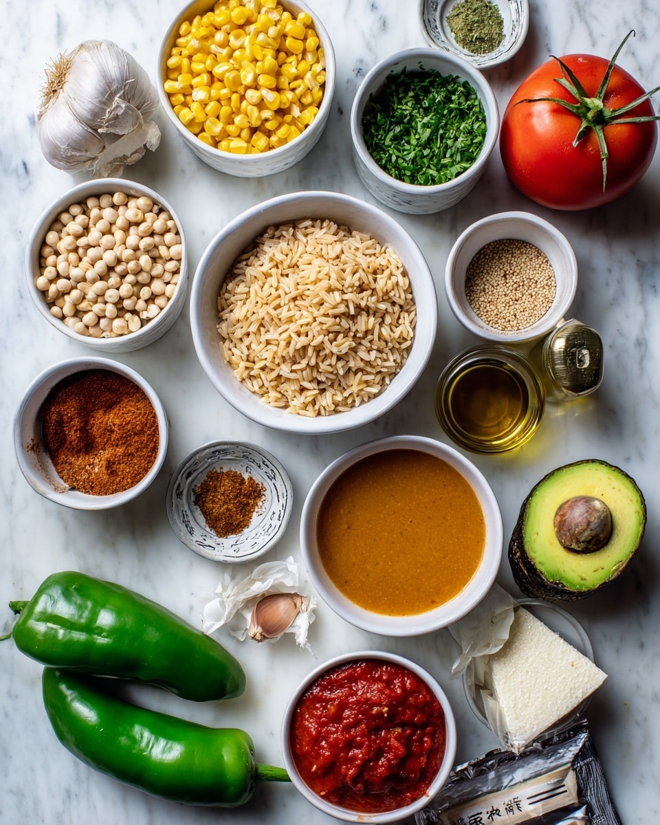 The image shows various ingredients neatly arranged on a white marbled surface. In the center, there is a white bowl filled with cooked brown rice. Surrounding the bowl are smaller white dishes and bowls containing yellow corn, chopped green herbs, and a light orange sauce. Fresh vegetables like a green avocado cut in half, a whole red tomato, and two green poblano peppers are placed around the bowls. There is also a garlic bulb, a small bowl of brown spices, a small bowl with red powder, a can of white beans, a can of diced tomatoes, a packet of tofu, and a small bowl with oil. The layout is clean and the colors range from green to red to yellow, giving a fresh and natural look. photo taken with an iphone --ar 4:5 --v 7