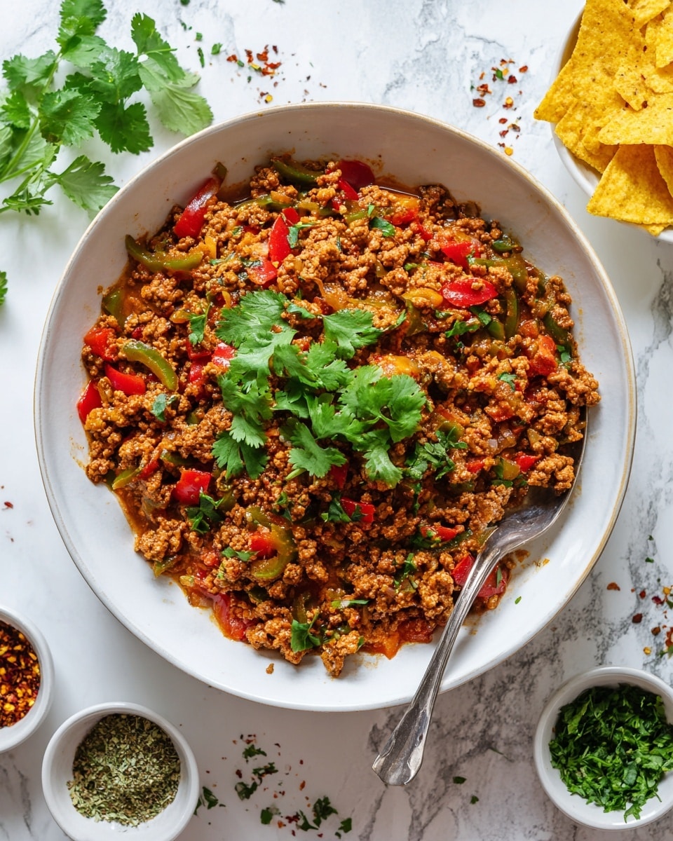 A white bowl filled with a layer of cooked minced meat mixed with small pieces of red and green bell peppers, topped with fresh green cilantro leaves scattered evenly. A spoon rests inside the bowl on the right side. Around the bowl, on a white marbled surface, are small dishes with green chopped herbs and dried spices, plus some yellow corn tortilla chips partially visible on the top right. Photo taken with an iphone --ar 4:5 --v 7