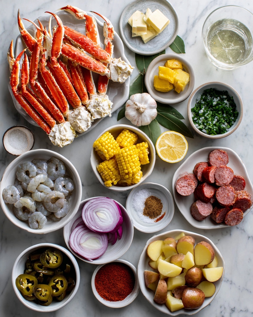 The image shows an overhead view of various ingredients neatly arranged on a white marbled surface. There are 15 small white bowls and plates holding different items including bright yellow corn pieces, reddish-orange king crab legs with white tips, raw clams with beige shells, several peeled shrimp with grayish shells, halved red onions with white inner layers, whole and sliced lemons with a vibrant yellow color, sliced small potatoes with light brown skin, green sliced jalapeños with seeds visible, and raw sliced sausage with a red exterior and pale pink interior. There are also small bowls with chopped green herbs, melted butter cubes, a glass of water, and spices including coarse salt, red chili powder, and seasoning mix in shades of red and brown. A halved head of garlic and a few fresh green bay leaves add more texture and color to the scene. Everything is arranged neatly and evenly spaced. photo taken with an iphone --ar 4:5 --v 7