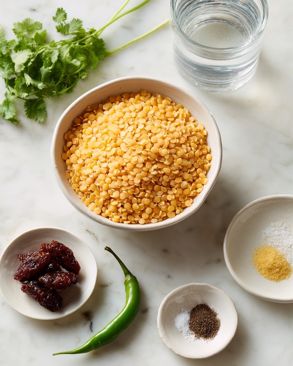 The image shows a white bowl filled with yellow lentils placed on a white marbled surface. Surrounding the bowl are smaller white dishes holding a few reddish-brown pieces of tamarind, a small portion of dark brown powder, a light yellow liquid, some light-colored salt, and black pepper. To the side, there is a single green chili and a small bunch of fresh green coriander leaves. In the background, a clear glass of water is partially visible. The overall scene is bright and clean, showing simple cooking ingredients. photo taken with an iphone --ar 4:5 --v 7