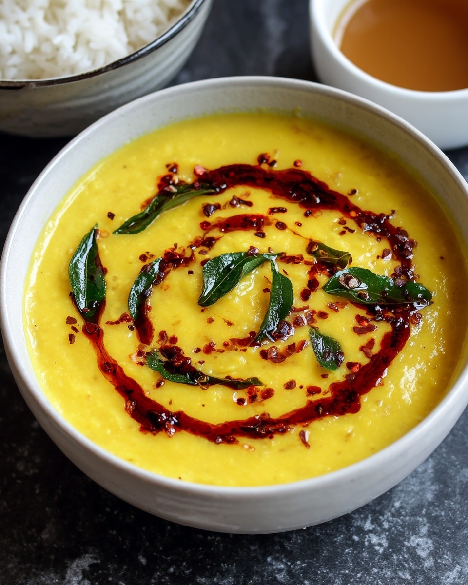 The image shows a single bowl filled with thick yellow dal, topped with a swirl of dark red chili oil and a few green curry leaves for garnish. The bowl is placed on a dark surface with part of a white bowl of rice and another white bowl of sauce visible nearby on the right side. The yellow dal inside the bowl looks creamy and smooth, with a slight gloss from the oil. The dark red oil swirl creates a contrast with the bright yellow base, and the green curry leaves add a fresh pop of color on top. The bowl is white, and the background is a white marbled texture photo taken with an iphone --ar 4:5 --v 7