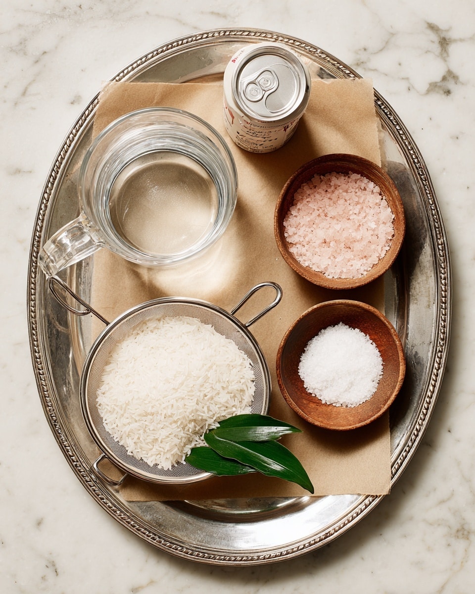 A silver tray holds a flat sheet of brown parchment paper with cooking items arranged neatly on top. On the left side, a clear glass measuring cup filled with water sits below a can of coconut milk, which is brown and white with an image of a coconut on it. To the right, two small round wooden bowls contain pink salt and white sugar. Next to the bowls, a stainless steel strainer filled with white rice has a curled green leaf resting in the center. The whole setup is on a white marbled surface. Photo taken with an iphone --ar 4:5 --v 7