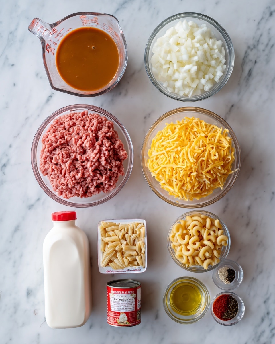 The image shows nine cooking ingredients arranged neatly on a white marbled surface. Starting from the top left, there is a clear measuring cup filled with a brown, creamy liquid. Next to it on the right is a glass bowl with small, white diced onions. Below the onions, another glass bowl contains a large amount of yellow shredded cheese. To the left of the cheese, there is a glass bowl filled with pink ground meat with a slightly wavy texture on top. At the center bottom is a white plastic bottle of heavy whipping cream with a red label. To its right is a box of small elbow macaroni with a clear window showing the dry noodles inside. At the bottom left is a small glass bowl with dry spices in red, black, and light brown colors. Next to the spices bowl is a small glass container filled with a light yellow liquid, possibly oil. The bottom right corner holds a small red can of tomato sauce with a label showing tomatoes. All items are arranged symmetrically, viewed from above with clear lighting. Photo taken with an iphone --ar 4:5 --v 7