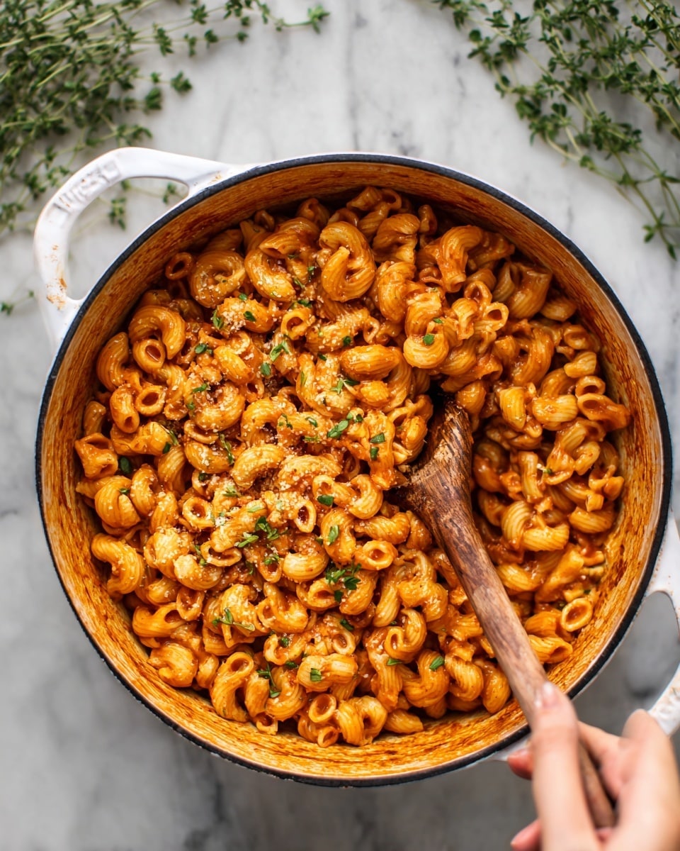 This image shows a large pot filled with cooked pasta mixed in a reddish-orange sauce. The pasta is elbow-shaped and coated evenly with the sauce, which looks thick and slightly oily. There are small green herb pieces sprinkled throughout the pasta, adding a touch of color. A wooden spoon is resting inside the pot with a woman's hand holding the spoon, stirring the pasta. The pot sits on a white marbled surface with some green plant stems blurred in the background. photo taken with an iphone --ar 4:5 --v 7