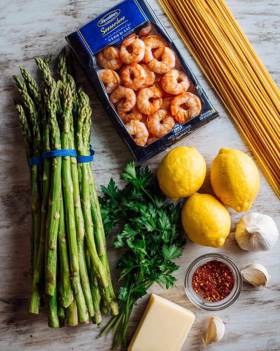 A bunch of fresh green asparagus tied with blue bands sits vertically on the left side, next to a black package of wild caught Key West pink shrimp, which shows bright orange grilled shrimp on its front. On the right side, a box of Barilla spaghetti in blue packaging lies horizontally behind two whole yellow lemons placed side by side. In front of the lemons, there is a bunch of green fresh parsley, with a stick of butter wrapped in cream-colored paper below it. To the right of the butter, there are three garlic cloves, two whole and one slightly peeled, with a small clear glass bowl containing red chili flakes nearby. All items are placed on a light wooden textured surface changed to white marbled texture in the description. photo taken with an iphone --ar 4:5 --v 7