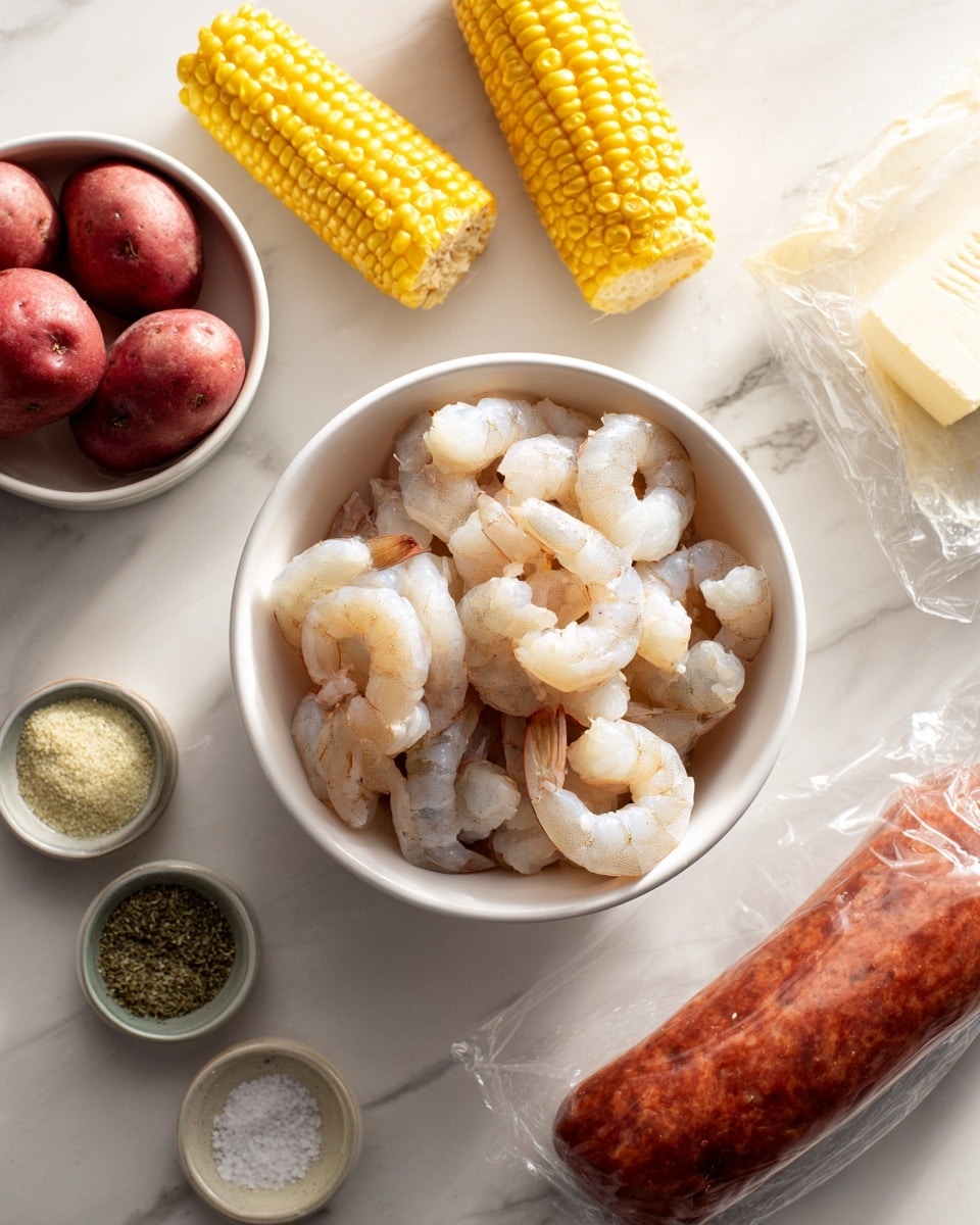 A white bowl filled with raw, peeled shrimp sits in the center on a white marbled surface, surrounded by fresh ingredients. To the left, a small white bowl holds red baby potatoes, and above it, two pieces of yellow corn on the cob lie side by side. To the right of the shrimp bowl is a sausage with a deep reddish-brown color, wrapped in clear plastic, next to a white butter stick package. Small green and clear containers with seasoning are scattered nearby. The textures vary from smooth shrimp to rough corn and firm potatoes, all arranged neatly with soft natural lighting. Photo taken with an iphone --ar 4:5 --v 7