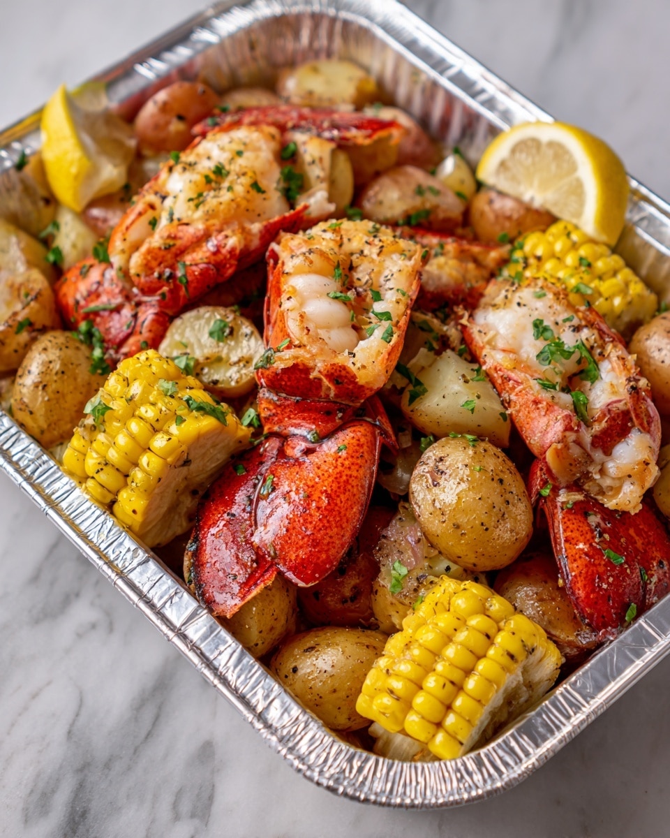 A white foil-lined container filled with a seafood and corn boil, showing several pieces of cooked lobster tails with reddish shells and white flesh, surrounded by yellow corn on the cob cut into smaller chunks, and round small potatoes with a light brown skin sprinkled with herbs. There are some lemon wedges on the side adding a bright yellow touch, and the whole dish looks seasoned with black pepper and herbs, placed on a white marbled surface. Photo taken with an iphone --ar 4:5 --v 7