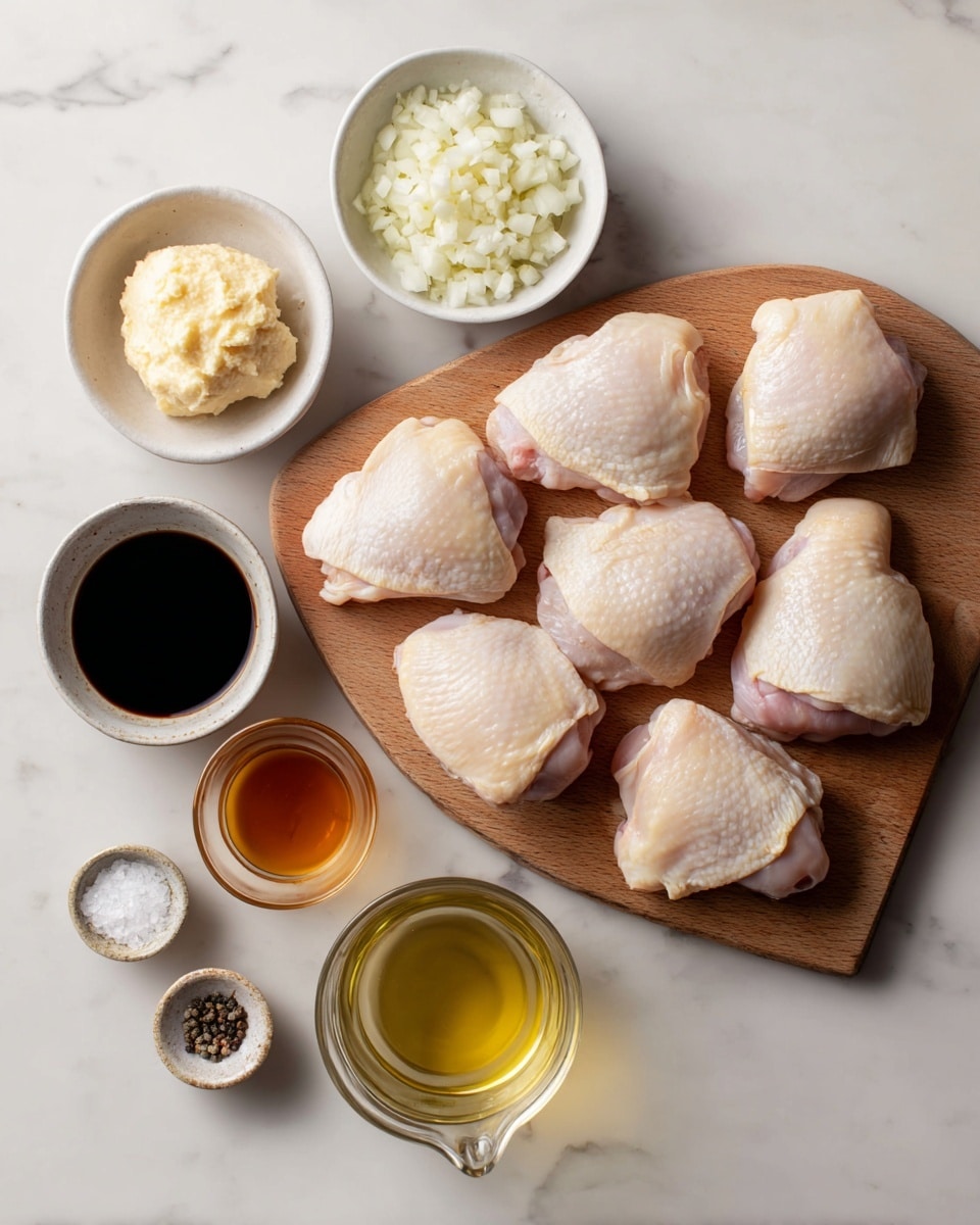 The image shows eight raw chicken thighs with skin arranged in two neat rows on a light brown wooden cutting board at the right side of the frame. To the left of the board, there are six small bowls and a glass jug placed on a white marbled surface. The top left bowl holds a pale yellow paste, the bowl below it contains finely chopped white garlic, and the bowl beside them is filled with a dark brown liquid, likely soy sauce. Below these bowls, there is a larger bowl with a light amber liquid, three small containers at the bottom left corner with coarse white salt, cracked black pepper, and a clear liquid in a tiny glass jug. All items are neatly spaced and presented clearly. Photo taken with an iphone --ar 4:5 --v 7