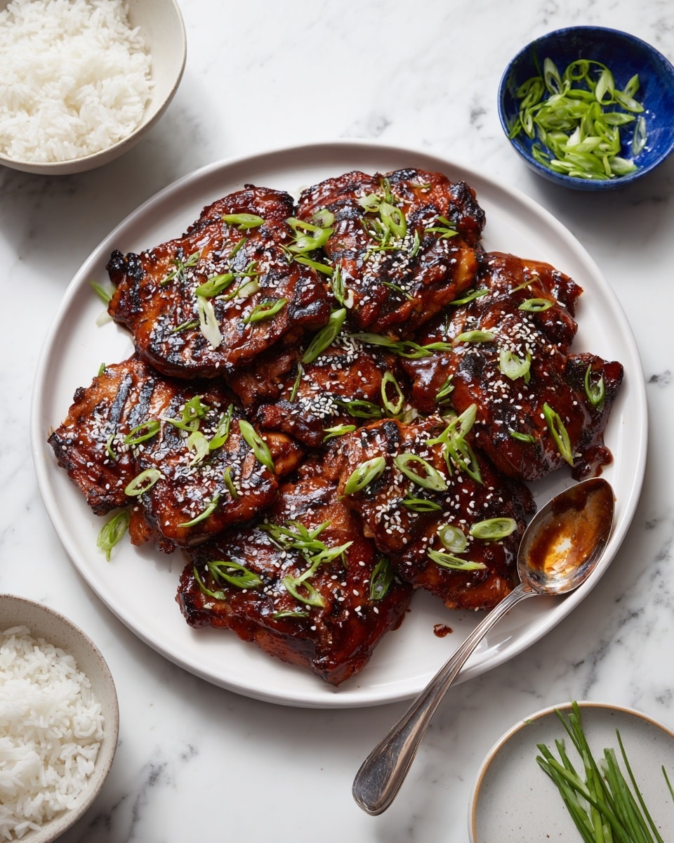 The dish shows about ten pieces of grilled chicken thighs placed in a neat pile on a large round white plate, each piece covered in shiny, thick, dark brown teriyaki sauce with grill marks and charred edges. The top layer of the chicken is sprinkled with white sesame seeds and thin slices of bright green scallions scattered evenly. A silver spoon with some sauce rests on the right side of the plate. Around the plate, there are small white bowls filled with white rice and a blue bowl with more scallions, all set on a white marbled surface. photo taken with an iphone --ar 4:5 --v 7