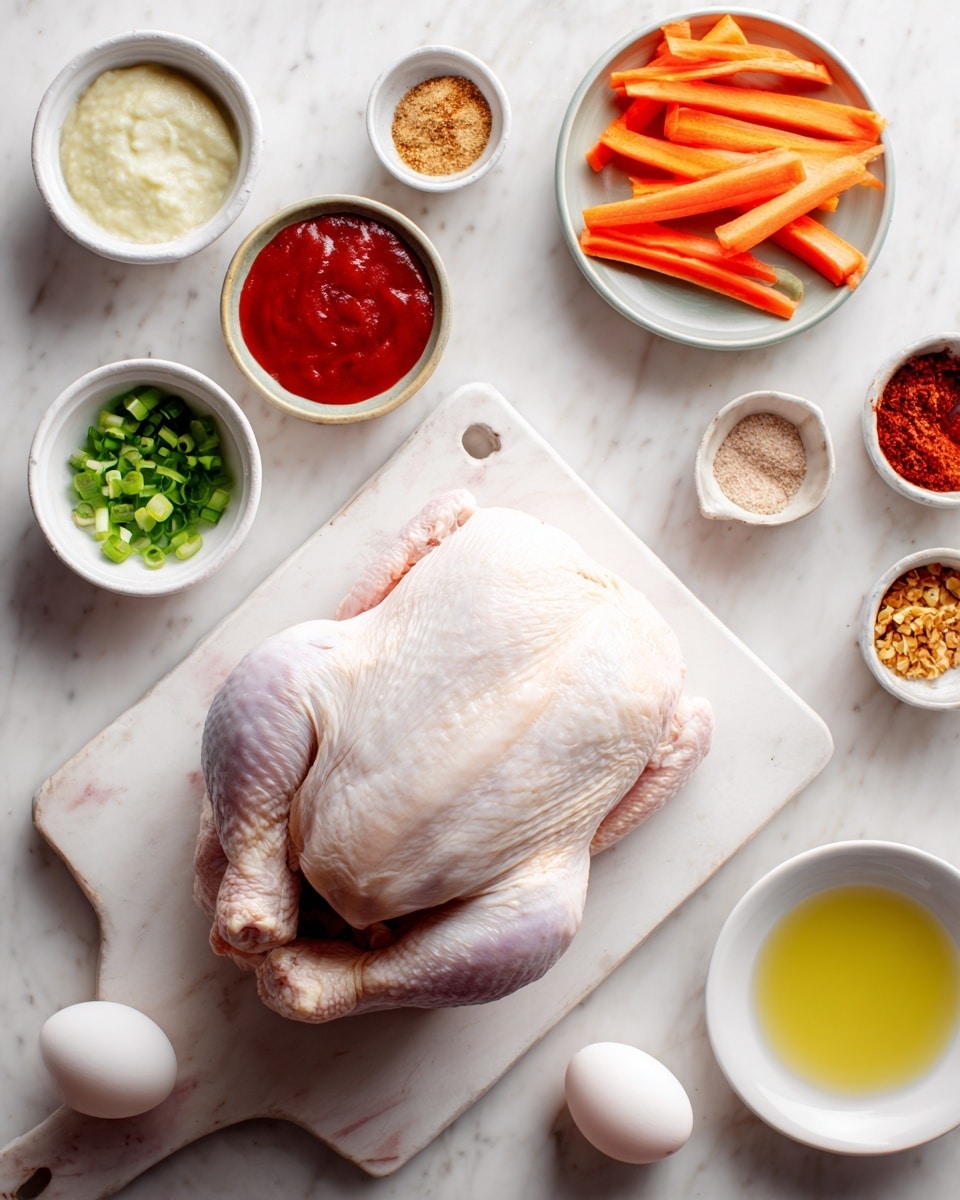 The image shows a white cutting board on a white marbled surface with a raw chicken piece centered on it. Around the cutting board, there are multiple small white bowls arranged, each containing different ingredients: one with a pale creamy sauce, another with chopped green onions, a bowl with thin orange carrot sticks, a bowl with red sauce, a small bowl with a light brown spice, a white egg in a white bowl, and a bowl of clear oil at the bottom. A woman's hand is holding a small white bowl near the top-left part of the cutting board. The overall scene is bright and clean. photo taken with an iphone --ar 4:5 --v 7