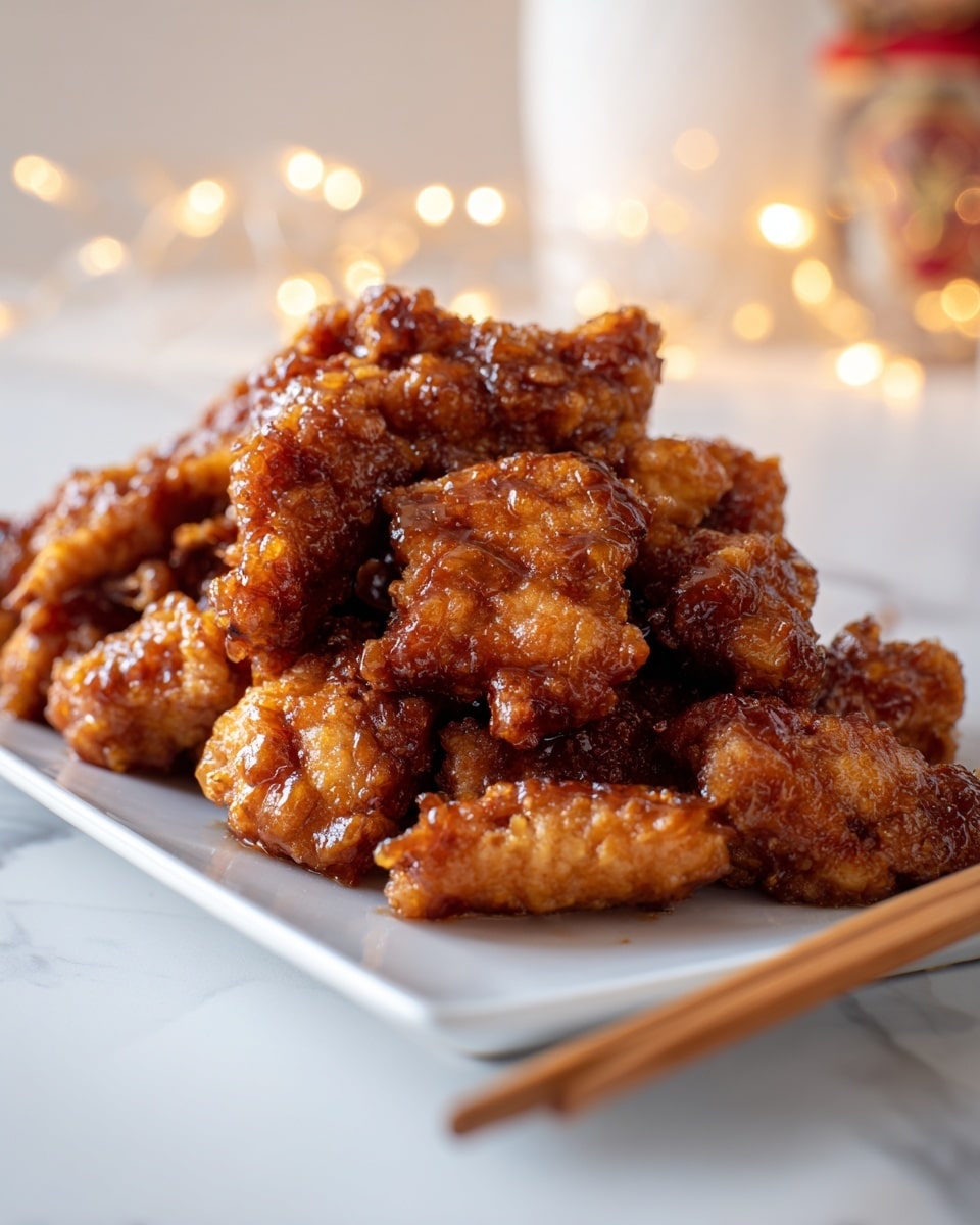 A white rectangular plate holds a pile of golden-brown crispy chicken pieces that look crunchy and coated in sauce. The chicken pieces are close together, showing a mix of rough and smooth textures with a shiny glaze on top. Next to the plate, a pair of wooden chopsticks rests on the edge. The background features a soft white marbled surface with warm blurred lights in the back, creating a cozy feel. photo taken with an iphone --ar 4:5 --v 7