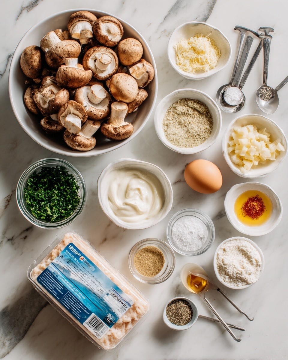 The image shows several bowls and containers arranged on a white marbled surface. There is a large white bowl filled with brown mushrooms, some whole and some sliced, positioned near the top center. To the top right, a small white bowl holds finely chopped garlic and spices, split into neat sections by color: white, light yellow, and pale brown. On the left side, a small glass jar is filled with fresh green chopped parsley. Below it, a small white bowl holds a smooth, white creamy substance. Toward the bottom center, a pack of ground chicken with a clear plastic cover and blue and white label is placed prominently. Other ingredients include a whole egg, several small bowls and measuring spoons filled with varied powdery and liquid ingredients in shades of white, beige, light yellow, and amber, all laid out neatly in a row. photo taken with an iphone --ar 4:5 --v 7