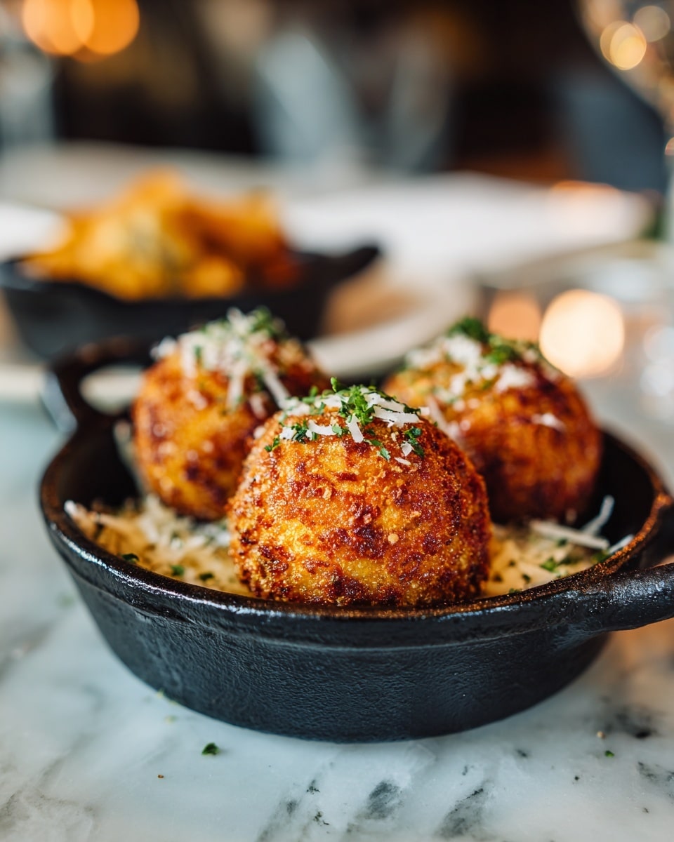 The image shows a small black cast iron dish with three golden-brown fried balls placed side by side. The balls have a crispy texture with some green herbs sprinkled on top. There are white shredded cheese pieces scattered over and around the balls, adding a slight contrast in color. The dish is placed on a white marbled surface, with another similar dish blurred in the background. Woman's hand is not visible in this image. Photo taken with an iphone --ar 4:5 --v 7
