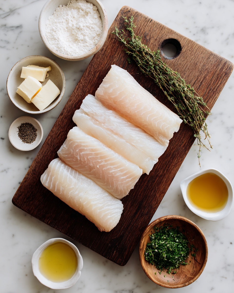 Four raw fish fillets with a pale pinkish-white color and smooth texture lie flat on a dark wooden cutting board with a small round hole at the top center. Surrounding the board on a white marbled surface are seven small white bowls and wooden tray: at the top left is a white bowl filled with flour, below it a white bowl with black pepper, a small white bowl with coarse salt, a white bowl with two pieces of pale yellow butter; on the right side a small wooden tray holds green herbs including parsley and thyme, below it are two white bowls with light golden liquids. photo taken with an iphone --ar 4:5 --v 7