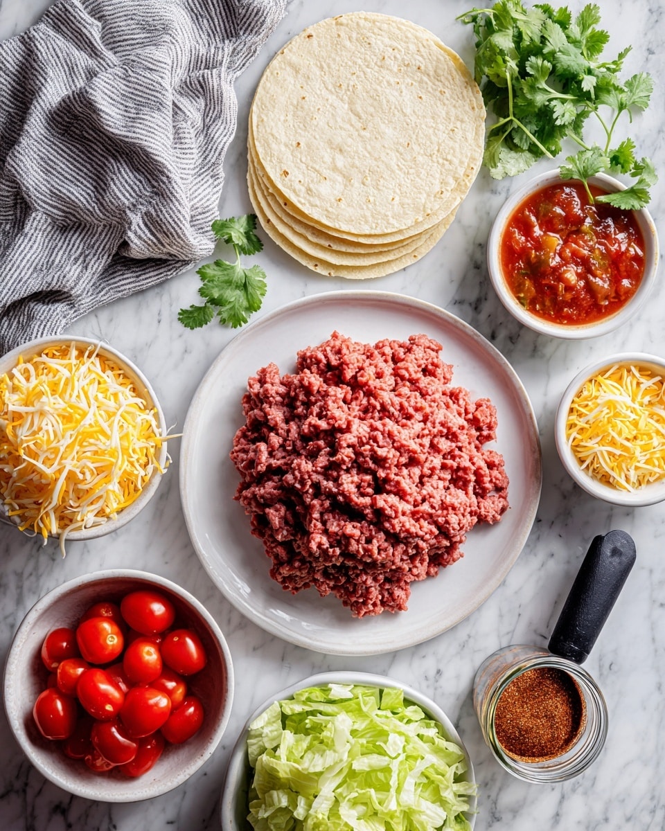 The image shows a top view of taco ingredients arranged on a white marbled surface. In the center, there is a white plate with a pile of raw ground meat, red and textured. To the left, there are stacked corn tortillas, pale yellow in color. Around the plate, there are small white bowls with different ingredients: fresh green cilantro leaves at the top, shredded yellow and white cheese to the right, red salsa above the cheese, quartered red cherry tomatoes below the tortillas, and chopped green lettuce below the ground meat. At the bottom right, there is a glass jar with a reddish-brown taco seasoning powder and a black scoop inside. A grey and white striped cloth is loosely placed near the top left corner. photo taken with an iphone --ar 4:5 --v 7