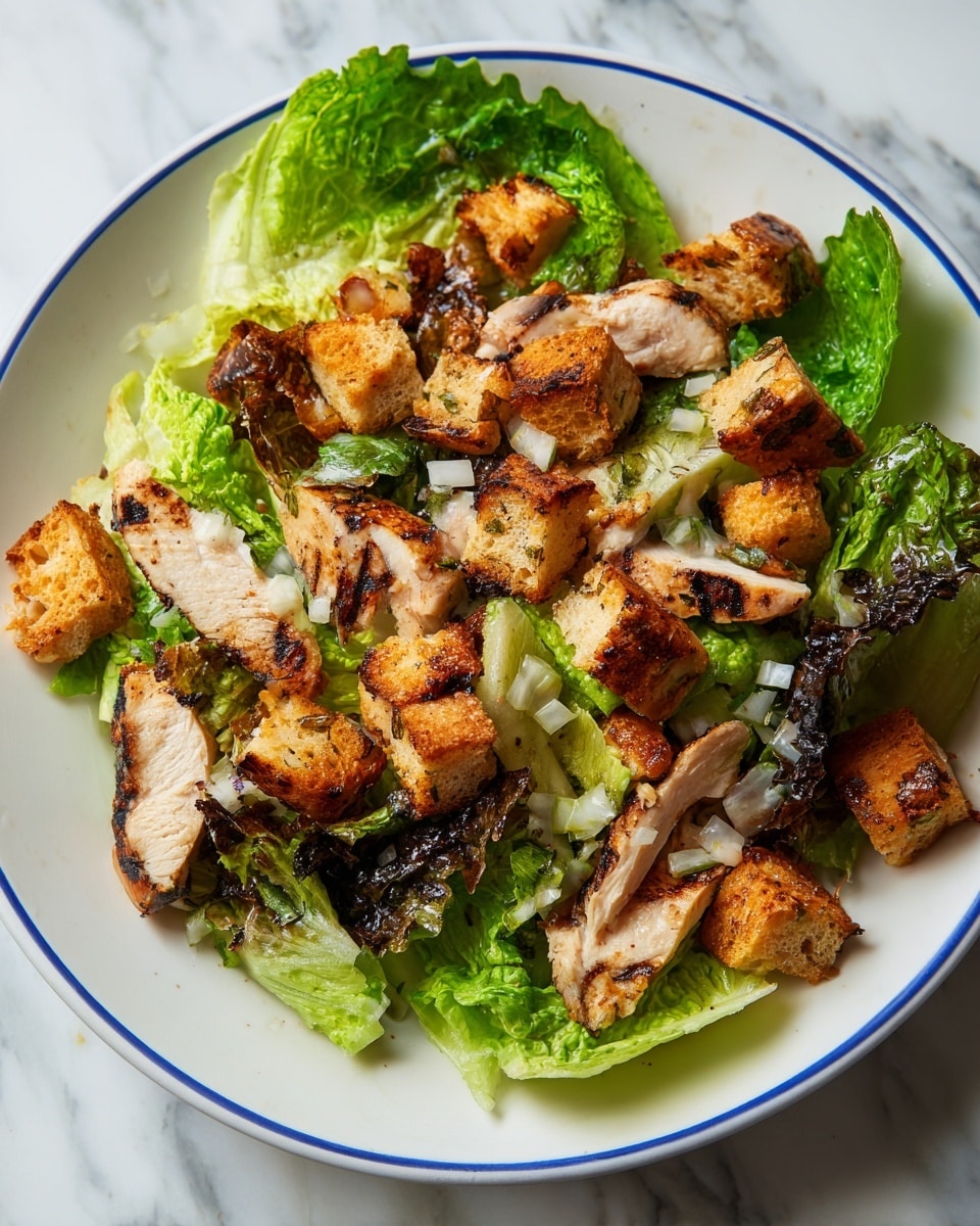 A bowl filled with a Caesar salad featuring light green romaine lettuce leaves coated in creamy dressing, sprinkled with golden-brown croutons and grated white cheese, topped with two large, grilled, golden-brown chicken pieces with visible grill marks and a slight char, garnished with small green herbs. Two bright yellow lemon slices rest on top, adding color contrast. The bowl is white with a thin gold rim, placed on a white marbled surface with a small glass container of white dressing and black pepper and a wooden dish with mixed peppercorns nearby. photo taken with an iphone --ar 4:5 --v 7