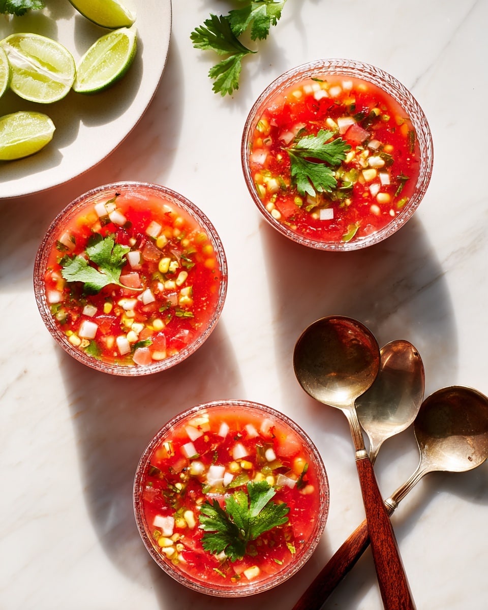 Three clear round bowls hold a bright red soup filled with small cubes of white, yellow, and green vegetables, along with tiny bits of green herbs. Each soup bowl has a fresh green cilantro leaf placed on top, adding a touch of green contrast. The bowls sit on a white marbled surface, casting soft shadows. Nearby, three spoons with wooden handles lay side by side, and a white plate with lime wedges rests on the edge of the scene. The overall look is fresh, colorful, and inviting, with a clean and bright setting photo taken with an iphone --ar 4:5 --v 7