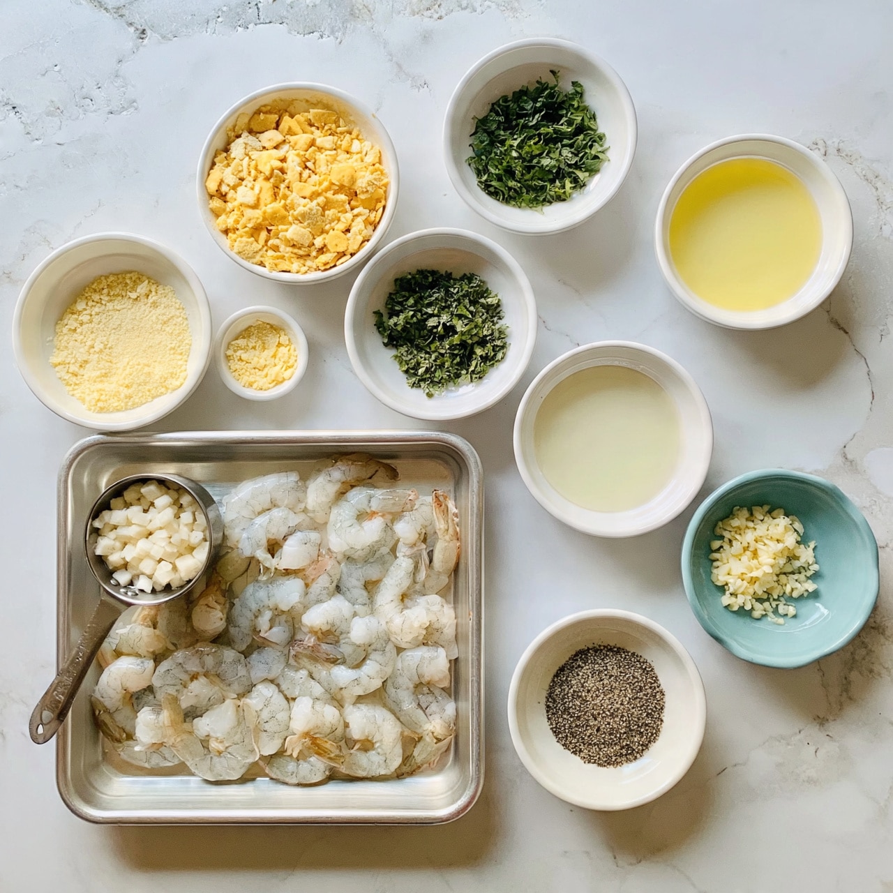 square image The image shows a flat white marbled surface with various small round white bowls and a rectangular silver tray arranged neatly. The silver tray at the bottom left contains raw, peeled shrimp laid out in a single layer, along with a metal measuring cup filled with small white chunks. Surrounding the tray are white round bowls filled with different ingredients: one with crushed yellow crackers, a smaller one with pale yellow crumbs, another with chopped green herbs, a couple with light yellow and clear liquids, a blue bowl containing small bits of minced garlic, and a green bowl holding ground black pepper. All items are cleanly placed, showcasing a colorful and organized mix of raw seafood and seasonings photo taken with an iphone --ar 4:5 --v 7