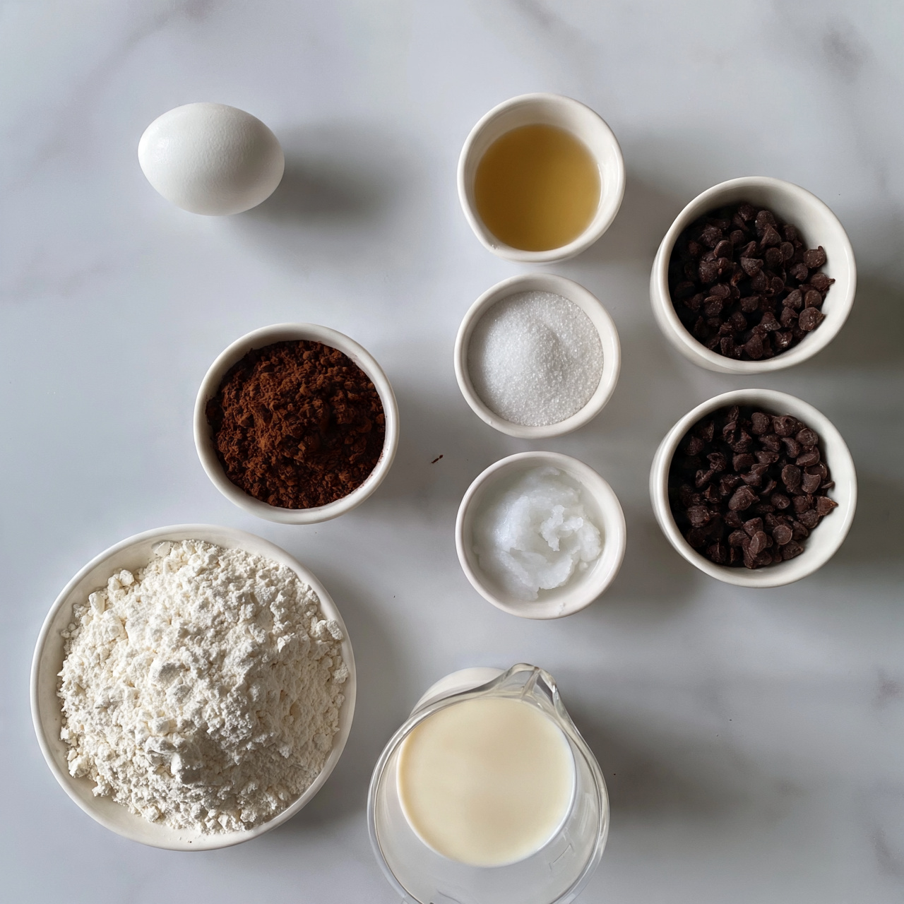 square image The image shows several small white bowls and a white plate arranged on a white marbled surface, each holding different baking ingredients. In the bottom left, there is a white plate filled with white flour, and above it, a small white bowl full of dark brown cocoa powder. To the right of the cocoa are three small bowls in a vertical line; the top bowl has a light golden liquid, the middle one contains white granulated sugar, and the bottom one has white coconut oil. To the right of these bowls, there is another small white bowl filled with dark chocolate chips. Near the top left corner, a plain white egg sits alone on the surface. At the bottom center, a transparent measuring cup is filled with light cream-colored milk. The bowls and plate are all white, and the background is smooth white marble. Photo taken with an iphone --ar 4:5 --v 7