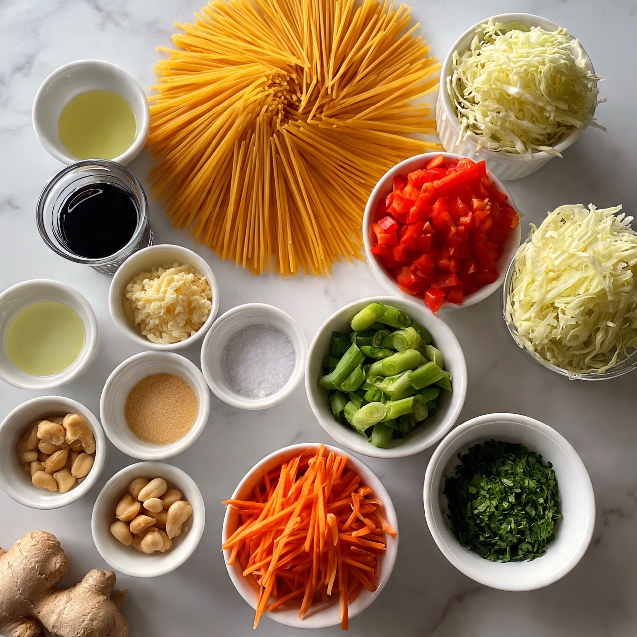 square image A top-down view of many small white bowls and cups arranged on a white marbled surface, each holding different fresh and dry ingredients. At the top center, dry uncooked spaghetti is fanned out in a circular shape, yellowish-orange in color. To the right, chopped red bell peppers and shredded pale green cabbage sit in white bowls. Below them, green spring onion pieces and chopped green herbs are visible in white and white-rimmed bowls. Near the bottom, thin orange carrot sticks fill a white bowl. On the left side, small bowls hold light yellow oil, a dark liquid in a glass container, pale minced garlic, light tan powder, salt, and whole light brown nuts. Fresh ginger is at the bottom left corner. The arrangement is neat and bright, with each ingredient clearly visible. Photo taken with an iphone --ar 4:5 --v 7