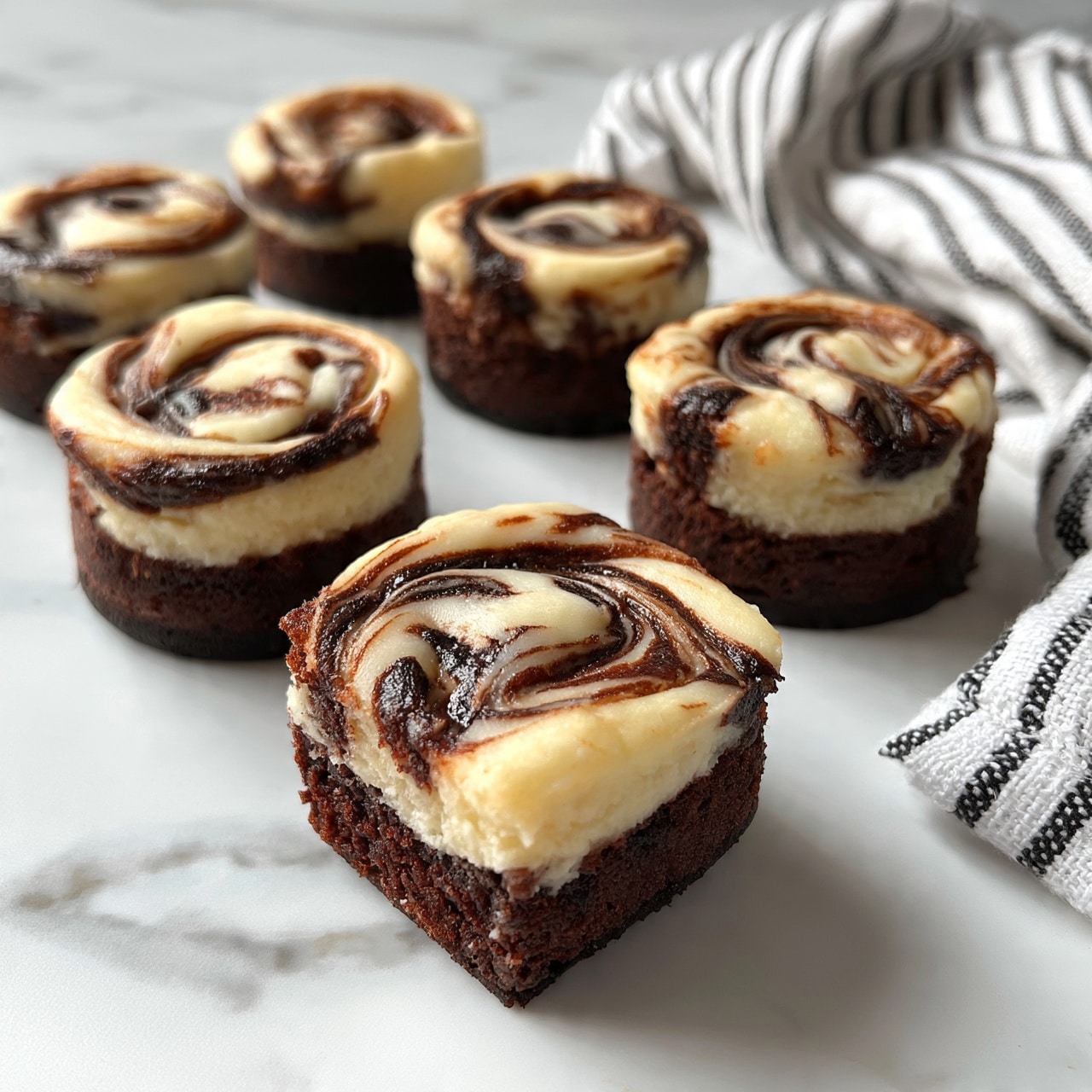 square image The image shows several pieces of chocolate and cream swirled mini cakes arranged loosely on a white marbled surface. Each mini cake is about two layers high, with a dark brown chocolate base and a top layer featuring creamy white swirls mixed with chocolate streaks, creating a marbled effect in the center. The texture appears soft and moist, with smooth and slightly shiny surfaces on the swirled parts. A white and black striped cloth is draped casually in the corner of the image. photo taken with an iphone --ar 4:5 --v 7