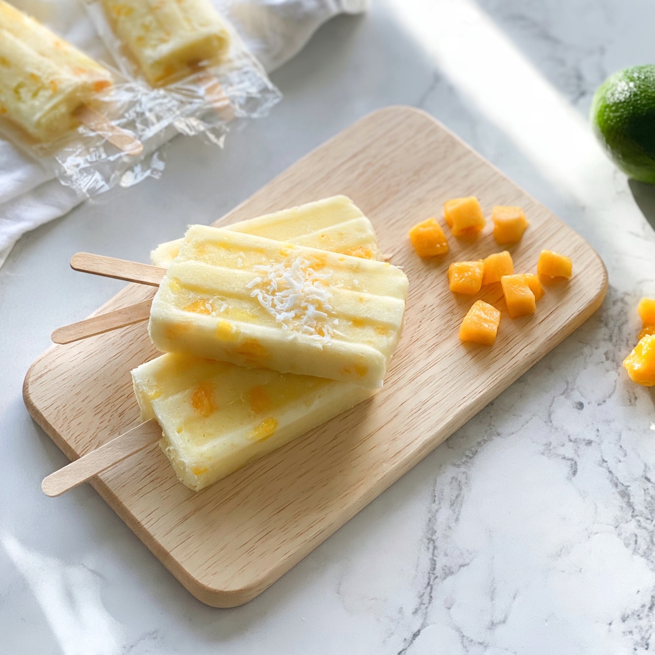 square image A group of pale yellow popsicles with small orange chunks are arranged on a light wooden cutting board placed on a white marbled surface. Three popsicles lie stacked on the board, each with a wooden stick, and one has white shreds on its surface. Next to the board are small, bright orange mango pieces scattered on the white marbled surface. In the top left corner, two popsicles are still wrapped in clear plastic with a white cloth underneath. On the right side of the image, a whole green lime and some more mango chunks are visible. The scene is bright and clean with soft natural light. photo taken with an iphone --ar 4:5 --v 7