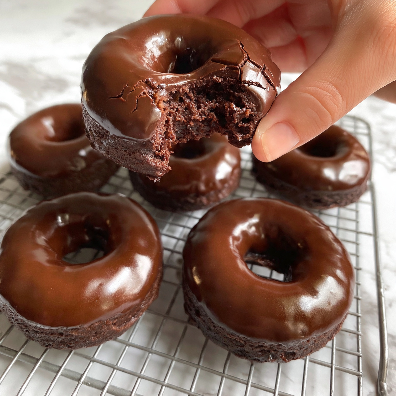 square image The image shows five chocolate donuts placed on a metal cooling rack over a white marbled surface. Each donut is fully coated in a smooth, shiny dark brown chocolate glaze. One donut is held by a woman's hand above the rest, with a bite taken out of it, revealing a soft, moist, dark chocolate inside. The donuts have a slightly rough texture under the glaze with small cracks visible on the bitten donut. The lighting highlights the glossy top layer and the rich, dense crumb of the bitten section. photo taken with an iphone --ar 4:5 --v 7