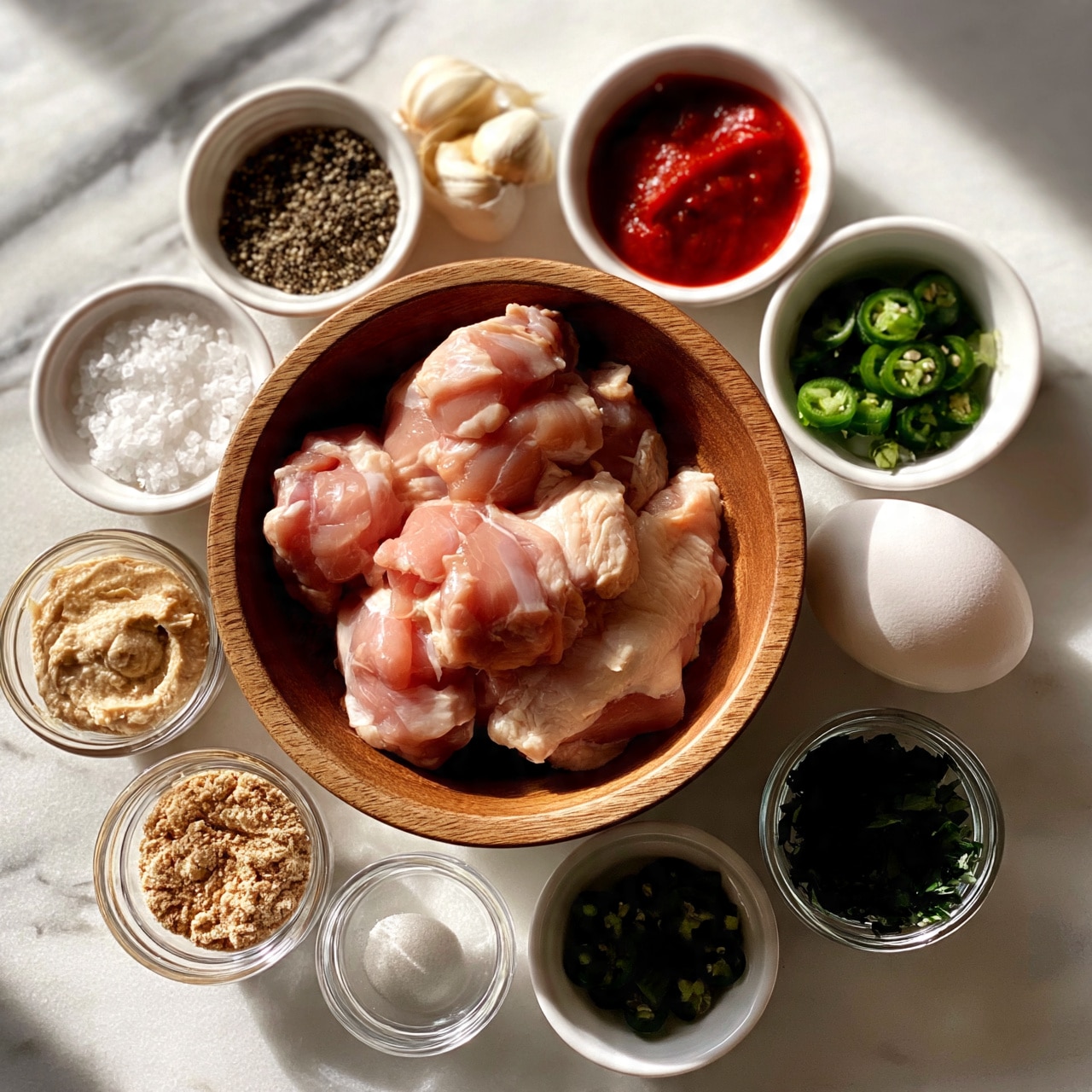 square image A wooden bowl on a white marbled surface holds raw pink chicken pieces. Surrounding it are small white bowls and clear glass containers filled with various ingredients: white salt crystals, black pepper, whole garlic cloves, red sauce, thick beige paste, sliced green chili peppers, light brown powder, and dark leafy green chopped herbs. There is one whole white egg among the ingredients. The bowls and containers are arranged neatly in a scattered pattern, capturing different colors and textures of the cooking items. Photo taken with an iphone --ar 4:5 --v 7