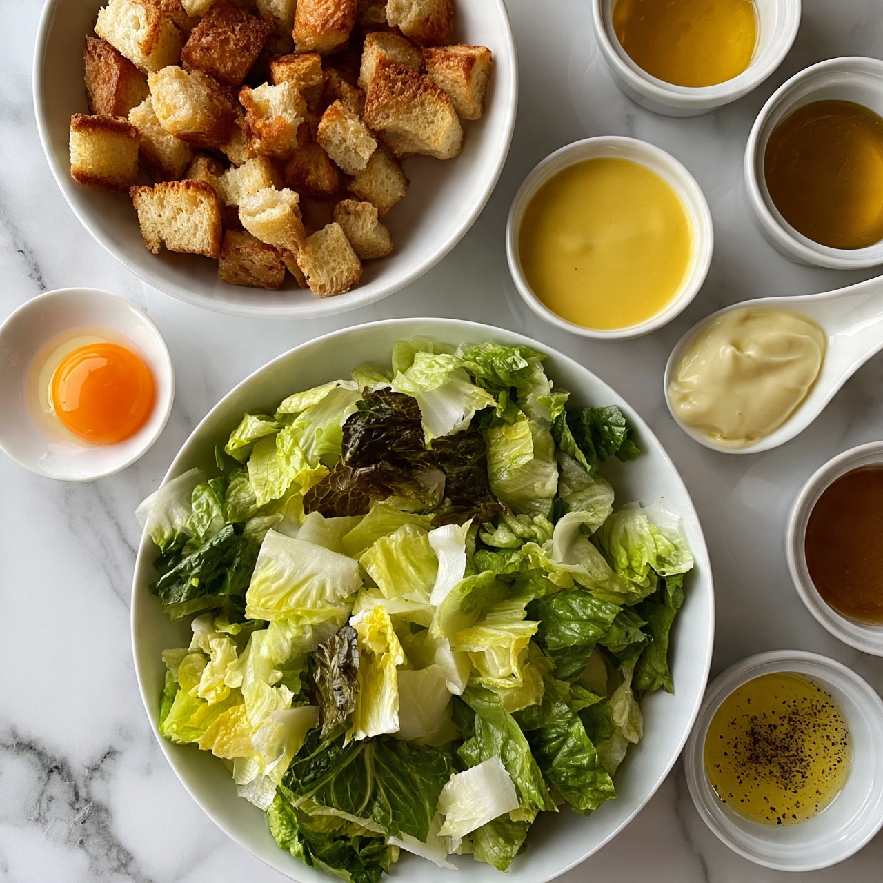 square image A white bowl filled with chopped light and dark green romaine lettuce leaves is placed on a white marbled surface. Above it, a white bowl holds many small golden brown croutons with crisp textures. Surrounding these are several small white bowls and spoons containing different ingredients: a small white bowl with a single bright orange egg yolk, a white bowl with thick yellow dressing, a white spoon with creamy pale yellow dressing, a white bowl with a golden liquid, another white bowl with a darker brown sauce, and a white bowl with a yellow liquid sprinkled with black pepper. photo taken with an iphone --ar 4:5 --v 7