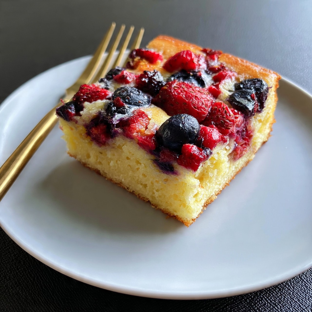 square image A square piece of fruit cake sits in the center of a white plate, with a thin golden-brown crust at the top covered with mixed berries including strawberries and blueberries, fragmented and embedded into a soft, light yellow sponge base that looks moist and fluffy. A gold fork rests diagonally to the left of the cake on the plate, all set on a dark textured surface. photo taken with an iphone --ar 4:5 --v 7
