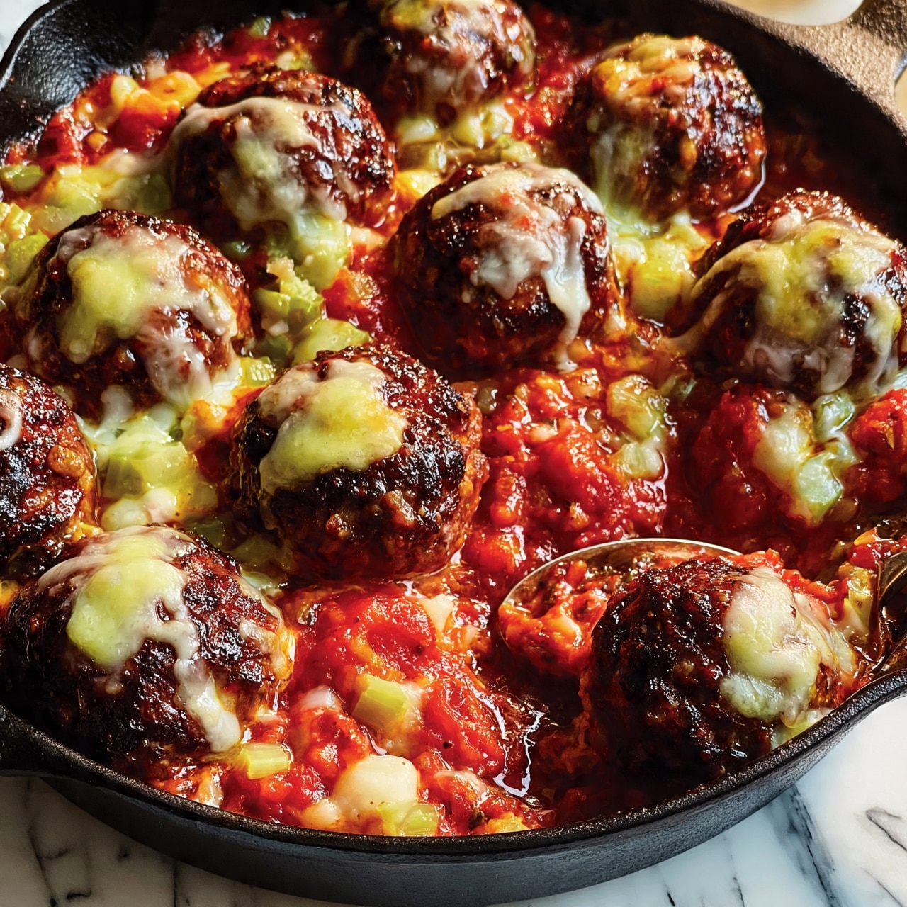square image The image shows a close-up view of a black cast-iron skillet filled with round, dark brown meatballs that have a shiny, slightly crispy texture. Each meatball is topped with melted light yellow and white cheese that drips down the sides. Beneath the meatballs is a thick layer of chunky red tomato sauce mixed with small pieces of light green celery and some soft white bits, possibly cheese or vegetables. The sauce glistens and looks rich and hearty. Near the bottom right of the skillet is a spoon, partially submerged in the sauce, scooping up some of the mixture with a meatball resting on it. The surface beneath the skillet is white marbled texture. photo taken with an iphone --ar 4:5 --v 7square image