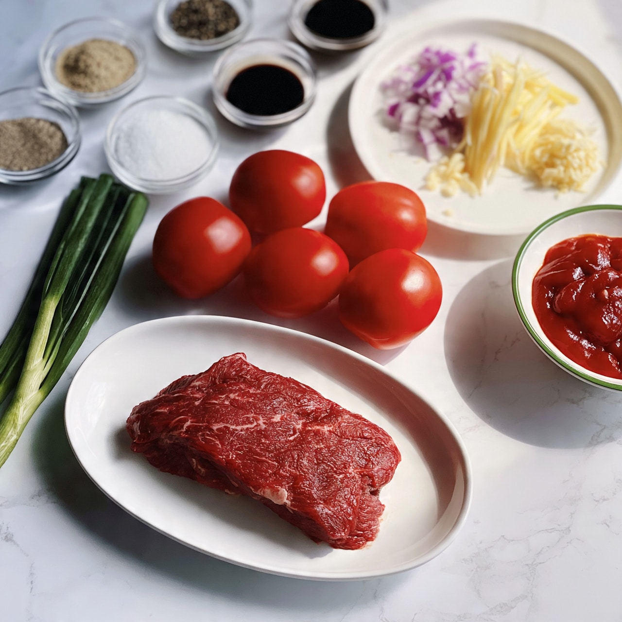 square image The image shows cooking ingredients arranged neatly on a white marbled surface. There is a white oval plate with a raw piece of red beef at the bottom left. Five red tomatoes are placed above the plate in a loose cluster. To the left of the plate, two green onions with dark green tops rest on the surface. On the top right, a white plate holds three small piles of chopped items: purple onions, pale yellow ginger strips, and minced garlic. Around these main elements are several small clear bowls containing various powdered spices, black pepper, white granulated sugar, and dark liquid sauces. Additionally, there is a white bowl with a green rim filled with red tomato ketchup near the right side. The setup is clean and organized, showing fresh ingredients ready for cooking photo taken with an iphone --ar 4:5 --v 7square image