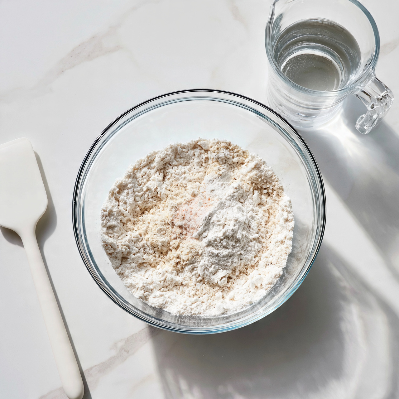 square image The image shows a clear glass bowl placed on a white marbled surface, filled with layers of dry ingredients mainly white flour with a small portion of pink salt and some light baking powder mixed in, creating a mix of white and pale textures. To the right of the bowl, there is a clear glass measuring cup with a handle, filled with water. On the left side lies a solid white spatula, resting on the white marbled surface. The scene is bright and simple, focused on the raw ingredients ready for mixing, photo taken with an iphone --ar 4:5 --v 7