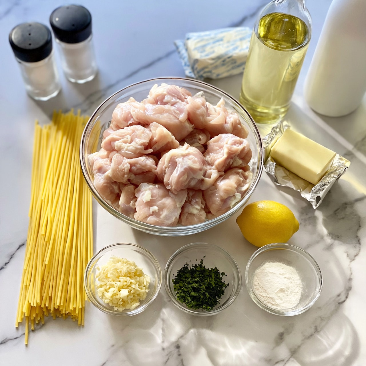 square image A white marbled surface holds several cooking ingredients arranged neatly with bright natural light. At the center is a clear glass bowl filled with pale pink raw chicken pieces. To the left lies a bundle of uncooked yellow spaghetti. Below the bowl are three small clear glass bowls containing finely chopped garlic, chopped green herbs, and a white powder, likely flour. A bright yellow lemon sits near these bowls. To the right upper side, there is a stick of butter in its wrapper, a clear bottle of light yellow olive oil, and a white bottle of white wine. Two black-top salt and pepper shakers stand on the upper left corner. The scene is clean and bright, with all elements spaced evenly on the white marbled background. Photo taken with an iphone --ar 4:5 --v 7