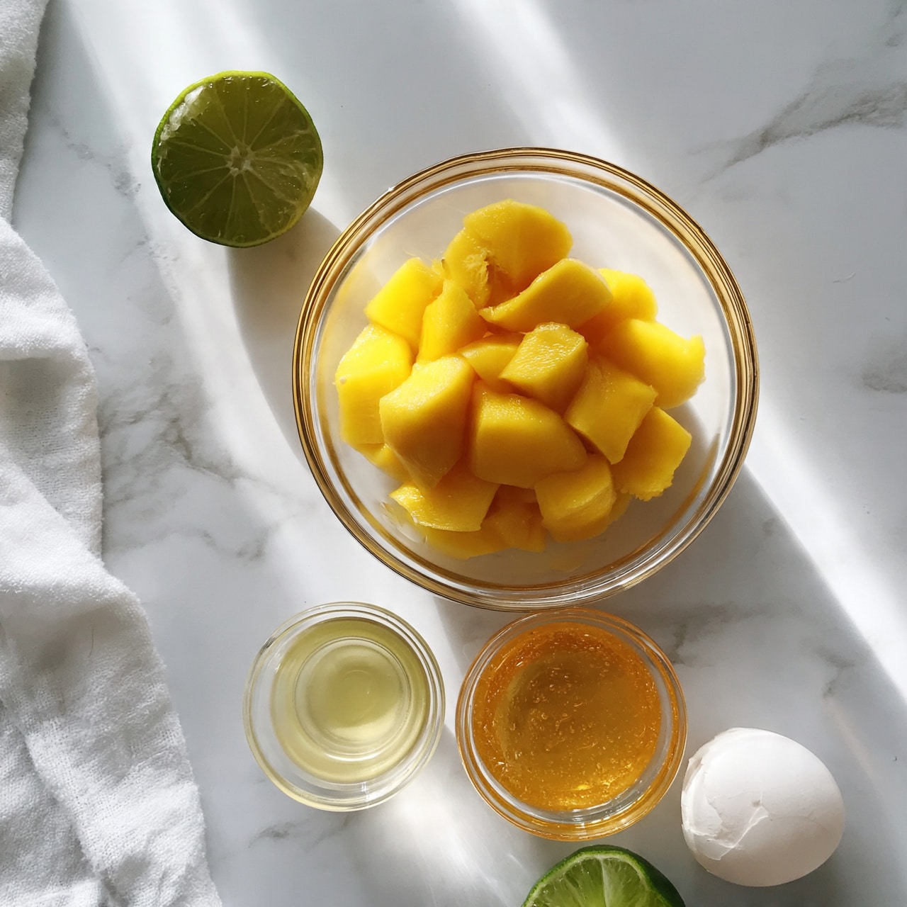 square image A clear glass bowl filled with bright yellow mango chunks takes the main spot in the center on a white marbled surface. Above it to the left is a half lime with a green outer skin and pale green inside. Below the mango bowl, a small clear glass cup holds thin, light yellow liquid next to another small clear bowl filled with thick golden honey. Further to the bottom right, a white shell of a cracked egg rests near another lime half. The edges of a soft white cloth peek in from the left. The scene has bright, natural light. photo taken with an iphone --ar 4:5 --v 7