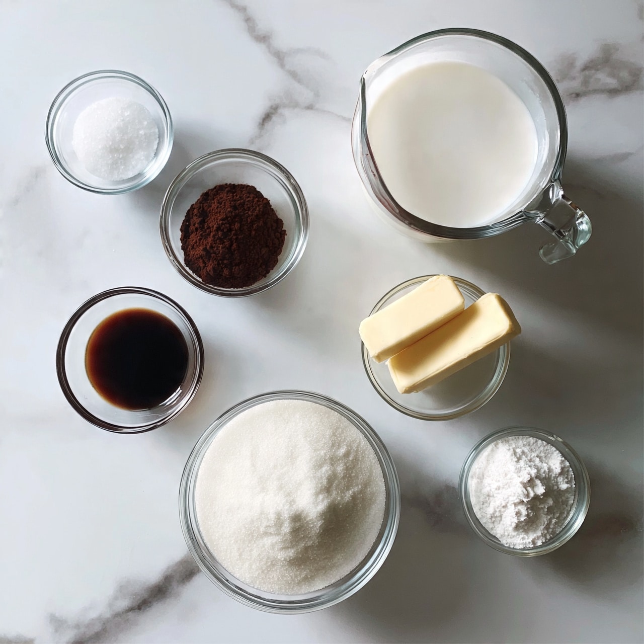 square image There are six glass bowls and a measuring cup placed on a white marbled surface. The top left bowl contains a dark brown powder, the measuring cup to its right is filled with white milk. Below the measuring cup is a small bowl with two light yellow sticks of butter. Next to it on the left is a small bowl with a dark brown liquid. Below those is a medium bowl filled with white granulated sugar, and to its right is a small bowl filled with white powder. At the top left corner, slightly above the bowls is a very small bowl with some white salt. Photo taken with an iphone --ar 4:5 --v 7