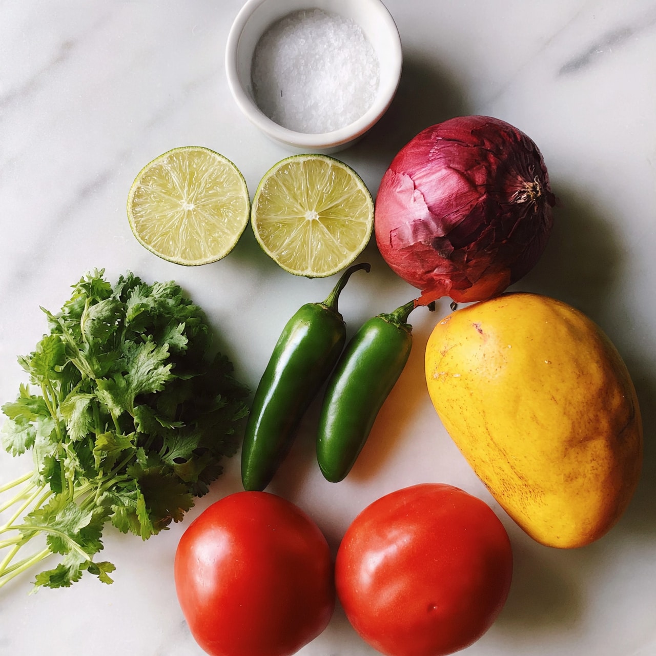 square image The image shows a group of fresh ingredients arranged neatly on a white marbled surface. There is one whole yellow mango on the right side with a slightly rough texture, two red tomatoes at the bottom with smooth skin, and a bunch of green cilantro leaves with thin stems on the left. Near the center, two whole green jalapeño peppers are placed diagonally. Above the peppers, a red onion with a papery outer layer sits to the right, and two halves of a lime showing the juicy, pale green inside are positioned between the onions and cilantro. At the top center, a small white bowl holds some coarse white salt. photo taken with an iphone --ar 4:5 --v 7