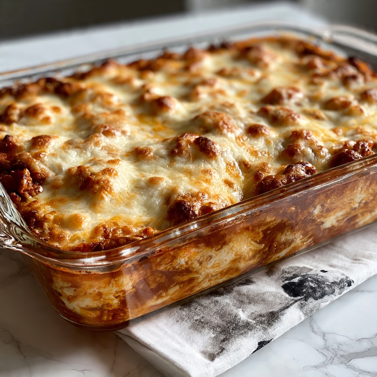 square image The image shows a clear glass baking dish filled with a cheesy baked dish that has layers of melted cheese on top with bubbly spots of browned edges and visible chunks of a tomato-based sauce underneath. The sauce has a reddish-brown color mixed with soft, lighter cheese areas, creating a mix of smooth and slightly textured surface. The sides of the glass dish reveal thick layers of the tomato sauce and cheese blend. The dish is placed on a white cloth with gray and black patterns, all set on a white marbled surface. photo taken with an iphone --ar 4:5 --v 7