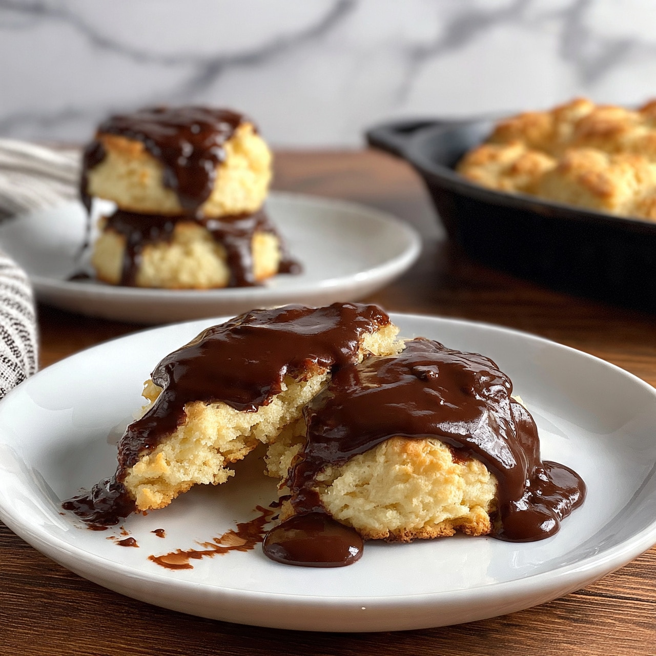 square image A white plate holds a biscuit broken in half with a smooth, thick layer of chocolate sauce flowing over the top and dripping onto the plate. Behind this plate, on a white plate, two stacked biscuits are also covered with chocolate sauce that drips down their sides. On the right, a black cast iron pan is filled with golden brown biscuits. The setting is on a wooden table with a white marbled texture in the background, and on the left side, part of a striped cloth is visible. Photo taken with an iphone --ar 4:5 --v 7