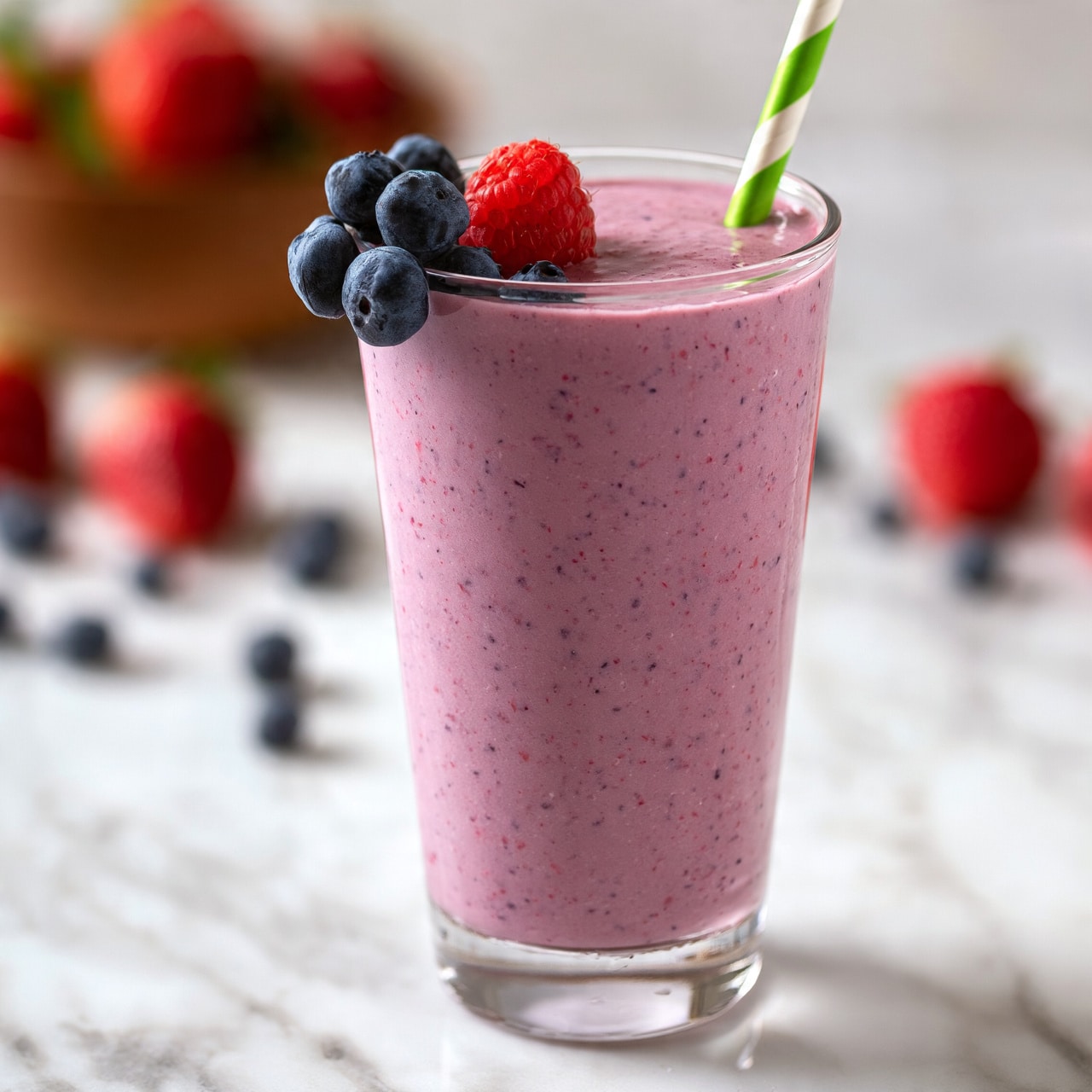square image A tall clear glass filled with a thick light purple smoothie topped with one red raspberry and several dark blue blueberries clustered on one side near the glass edge, and a green and white striped paper straw inserted on the other side; the glass is placed on a white marbled surface with scattered blueberries and blurred red strawberries in the background, along with a wooden bowl filled with strawberries out of focus behind it, photo taken with an iphone --ar 4:5 --v 7