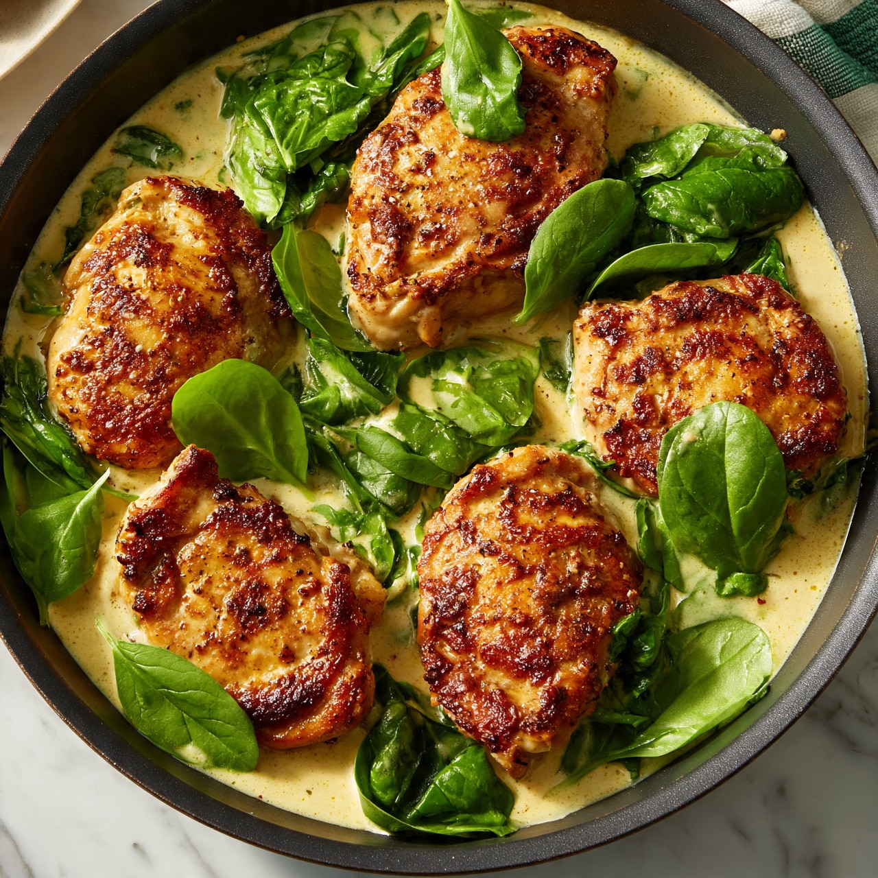 square image The image shows a close-up of a large non-stick black pan filled with five well-seasoned, golden-brown cooked chicken pieces. These chicken pieces are partly covered with fresh bright green spinach leaves scattered across the dish. The pan holds a creamy light yellow sauce that surrounds the chicken evenly, giving a smooth and rich texture. The pan rests on a white marbled surface, with a part of a green and white checkered cloth visible at the top. The overall look is warm and inviting, highlighting the texture of the sauce and the crispy edges of the chicken photo taken with an iphone --ar 4:5 --v 7