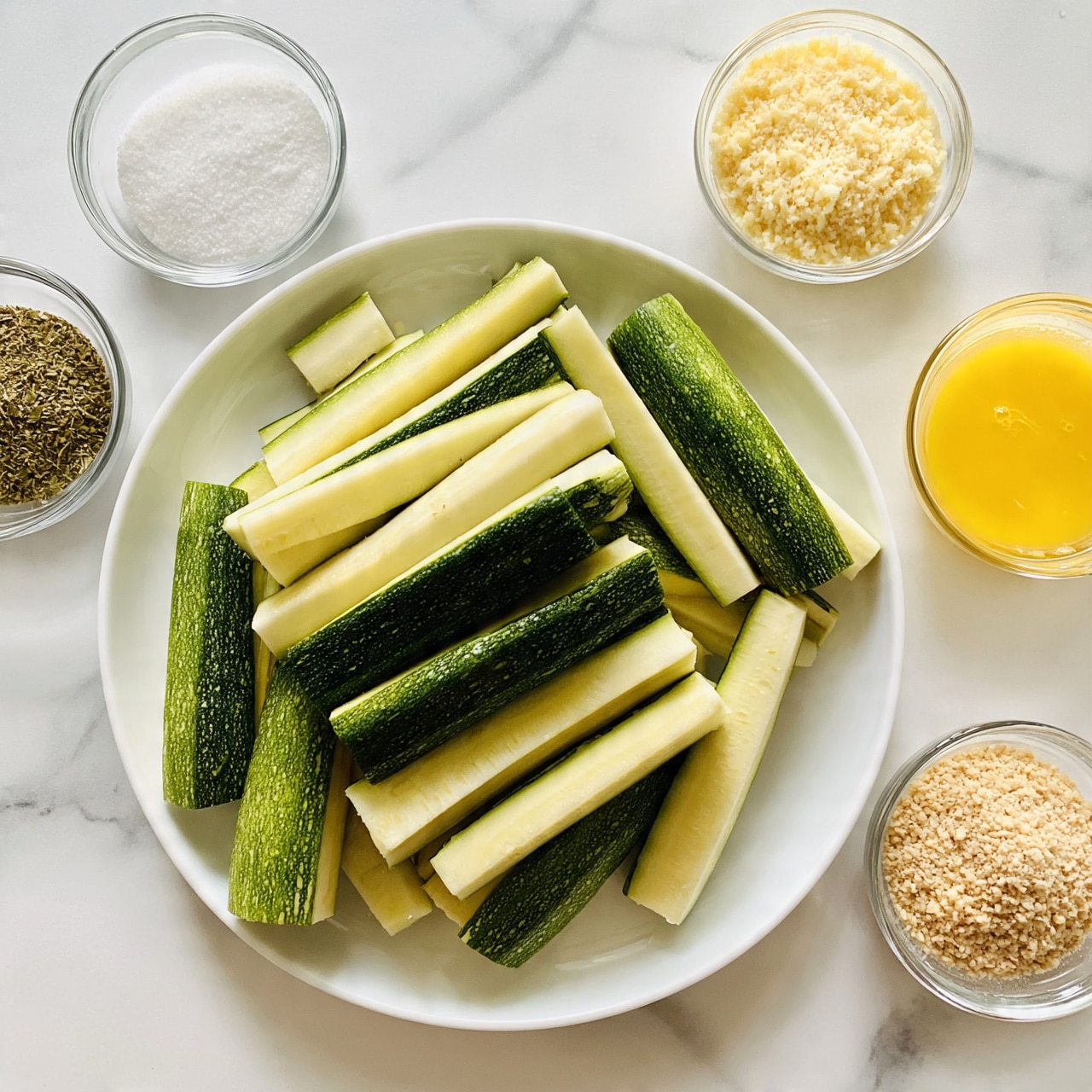 square image The image shows a white plate filled with thick sticks of green zucchini with pale inside flesh, arranged carelessly in a pile at the center. Surrounding the plate are five small clear glass bowls, each holding a different ingredient: finely ground white salt, a brownish green mix of dried herbs, light yellow grated Parmesan cheese, a beaten yellow egg mixture, and light tan breadcrumbs with a coarse texture. All items rest on a white marbled surface, creating a clean and bright scene. photo taken with an iphone --ar 4:5 --v 7