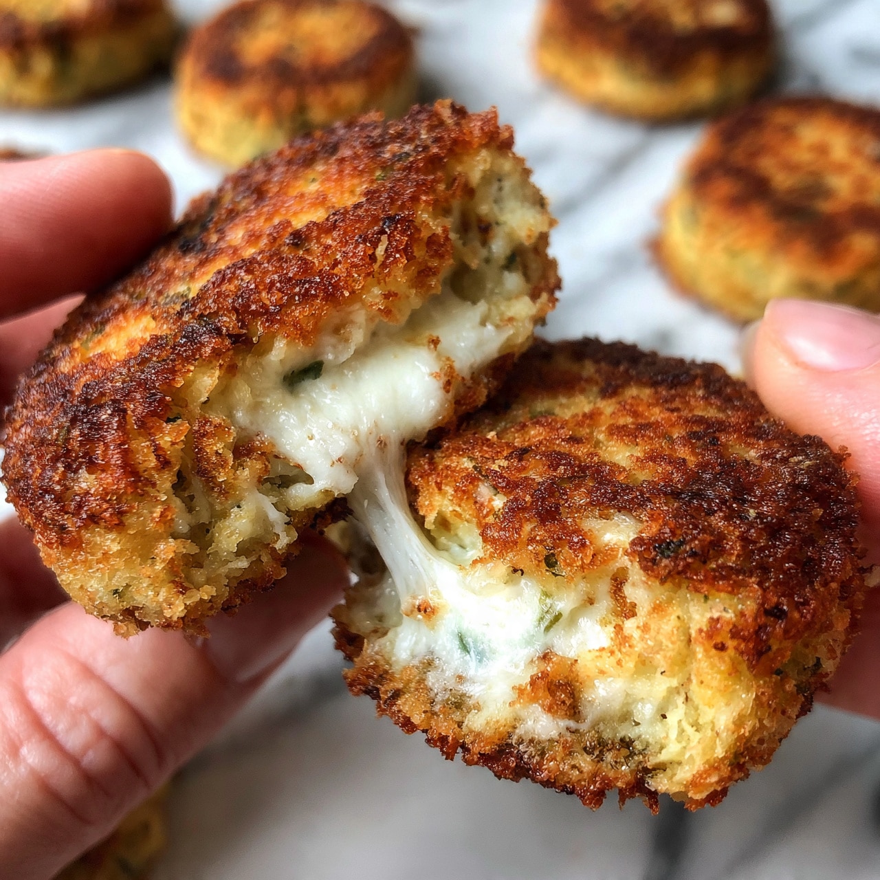 square image A close-up shows two golden brown crispy patties being pulled apart by a woman's hand, revealing a soft white melted cheese center with a few small green herbs inside. The patties have a crunchy, slightly rough texture with a warm toasted color. In the background, more patties rest on a white marbled surface, blurred to keep focus on the cheese pull. The contrast between the crisp outside and stretchy cheese inside is clear and inviting. photo taken with an iphone --ar 4:5 --v 7
