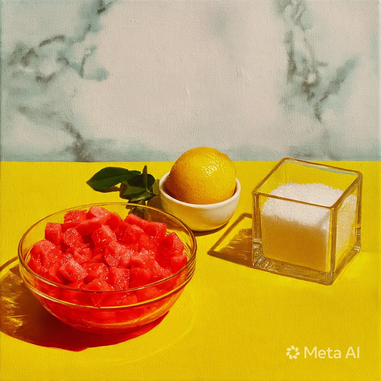 Watermelon Mint Granita Recipe 4 square image The image shows three containers on a bright yellow surface. On the left, there is a clear glass bowl filled with small, irregular chunks of red watermelon. In the center, there is a small white bowl with a whole yellow lemon and a few green leaves beside it. On the right, a square clear glass container holds white granulated sugar. The background is a white marbled texture. photo taken with an iphone --ar 4:5 --v 7