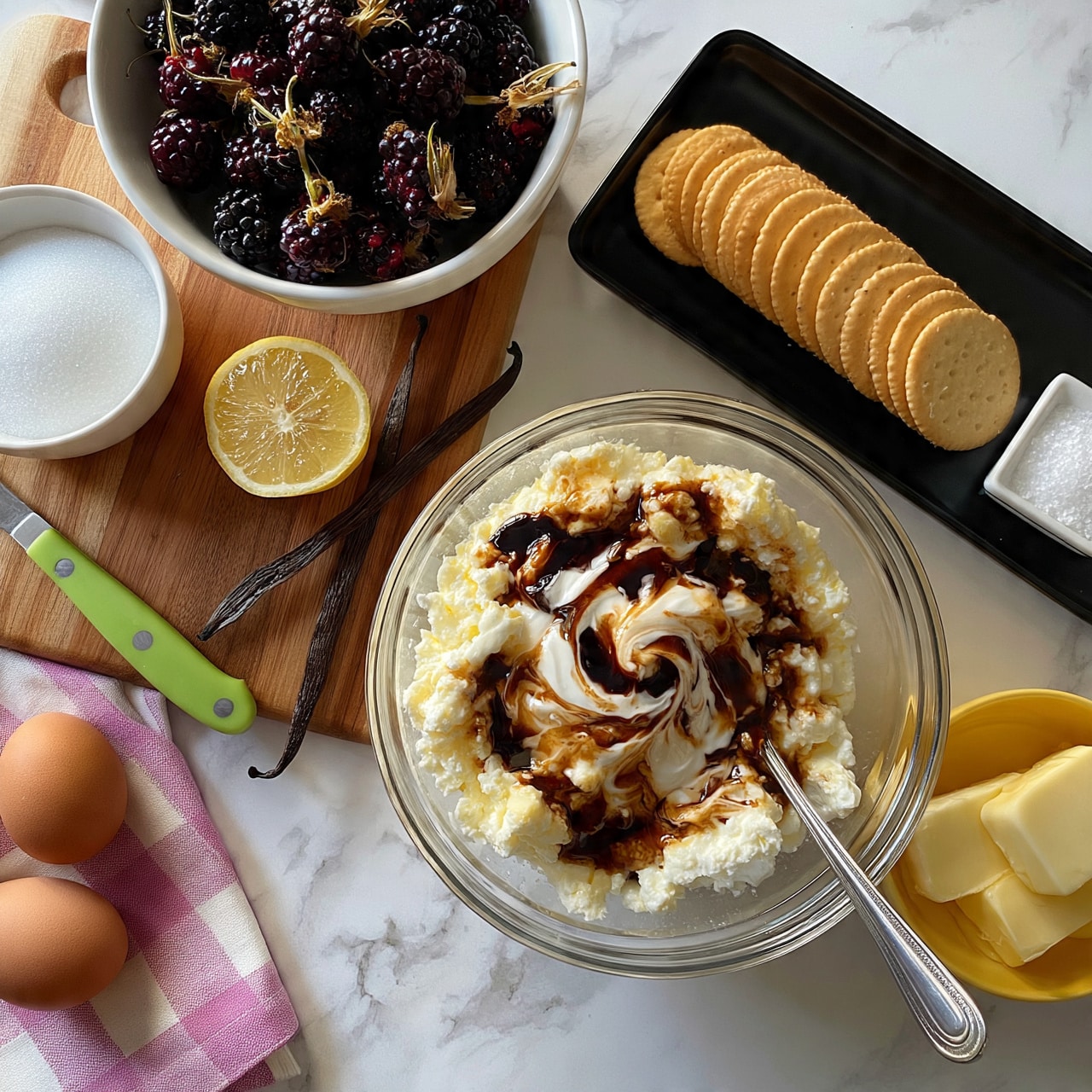 square image he image shows a clear glass bowl filled with a mix of white cottage cheese, cream, and dark brown vanilla extract swirled on top, with a silver spoon inside the bowl. To the right, a small yellow bowl holds two pieces of pale yellow butter. Above this, a black rectangular plate has a row of round tan crackers lined up, next to a small white dish filled with salt. On the left side, a wooden cutting board holds a sliced lemon half, a green-handled knife, two long vanilla beans, and a white bowl filled with sugar. Above the board, a white bowl contains a bunch of dark purple-black berries with small stems. Two brown eggs sit on a pink and white checkered cloth to the left side of the image. The whole setup is on a white marbled surface. photo taken with an iphone --ar 4:5 --v 7