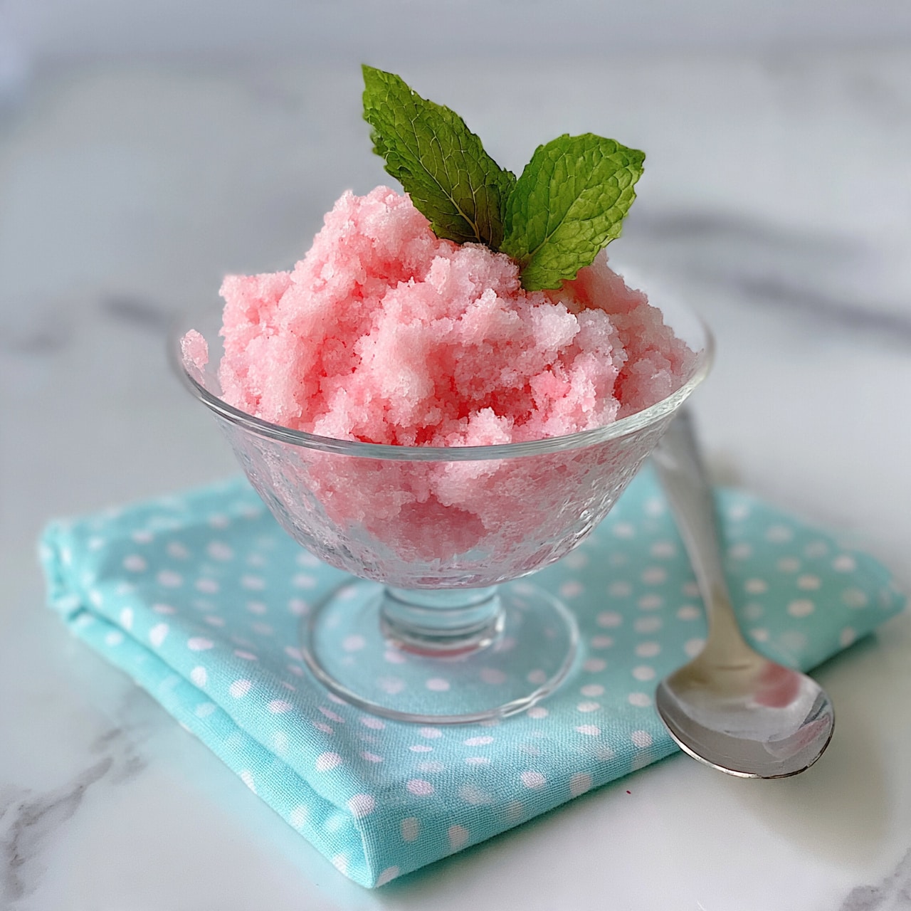 Watermelon Mint Granita Recipe 5 square image A clear glass dessert cup holds one main layer of pink crushed ice with a slightly rough texture. Two fresh green mint leaves are placed on top, slightly tilted. The dessert cup sits on a folded light blue napkin with white polka dots, which is placed on a white marbled surface. A silver spoon lies next to the cup on the napkin. photo taken with an iphone --ar 4:5 --v 7
