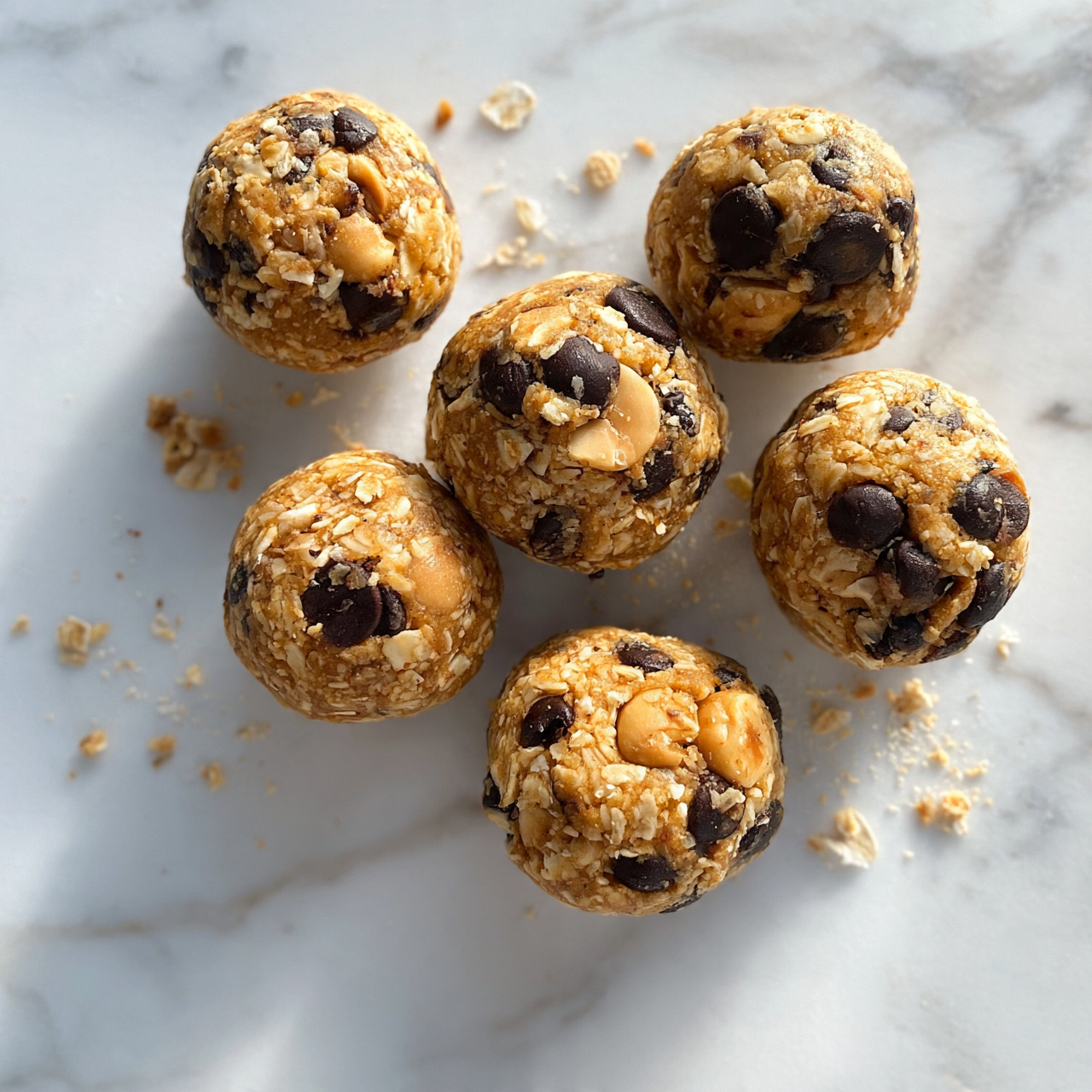 square image The image shows several round, thick energy balls made of oats, chocolate chips, and nuts spread across a white marbled surface. Each ball has a rough texture, with visible pieces of oats, dark chocolate chips, and light brown nuts mixed within a golden-brown dough. Some crumbs and small oat flakes are scattered around the balls, adding to the natural, homemade feel. The energy balls are arranged in a loose cluster with some space between each one, showcasing their shape and texture clearly. photo taken with an iphone --ar 4:5 --v 7