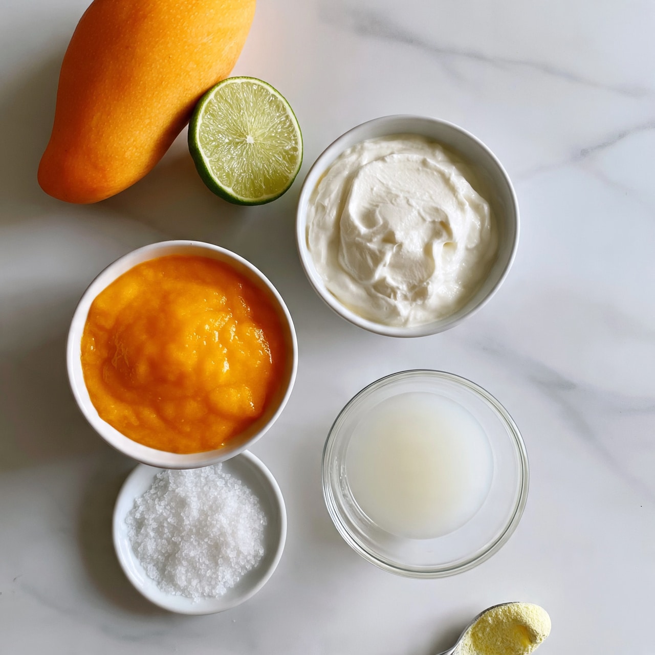 square image The image shows five items placed on a white marbled surface: a whole ripe mango with bright orange skin on the top left, a halved lime with green skin and a light green inside next to the mango, a small white bowl filled with smooth orange mango puree below the mango, a small white bowl filled with thick white cream to the right of the puree, a small clear glass bowl with light white liquid below the bowl of cream, and a small white plate with coarse white salt below the mango puree. There is a spoon with pale yellow powder at the bottom right corner. The arrangement is clean and neat, with vibrant and soft colors contrasting well. Photo taken with an iphone --ar 4:5 --v 7