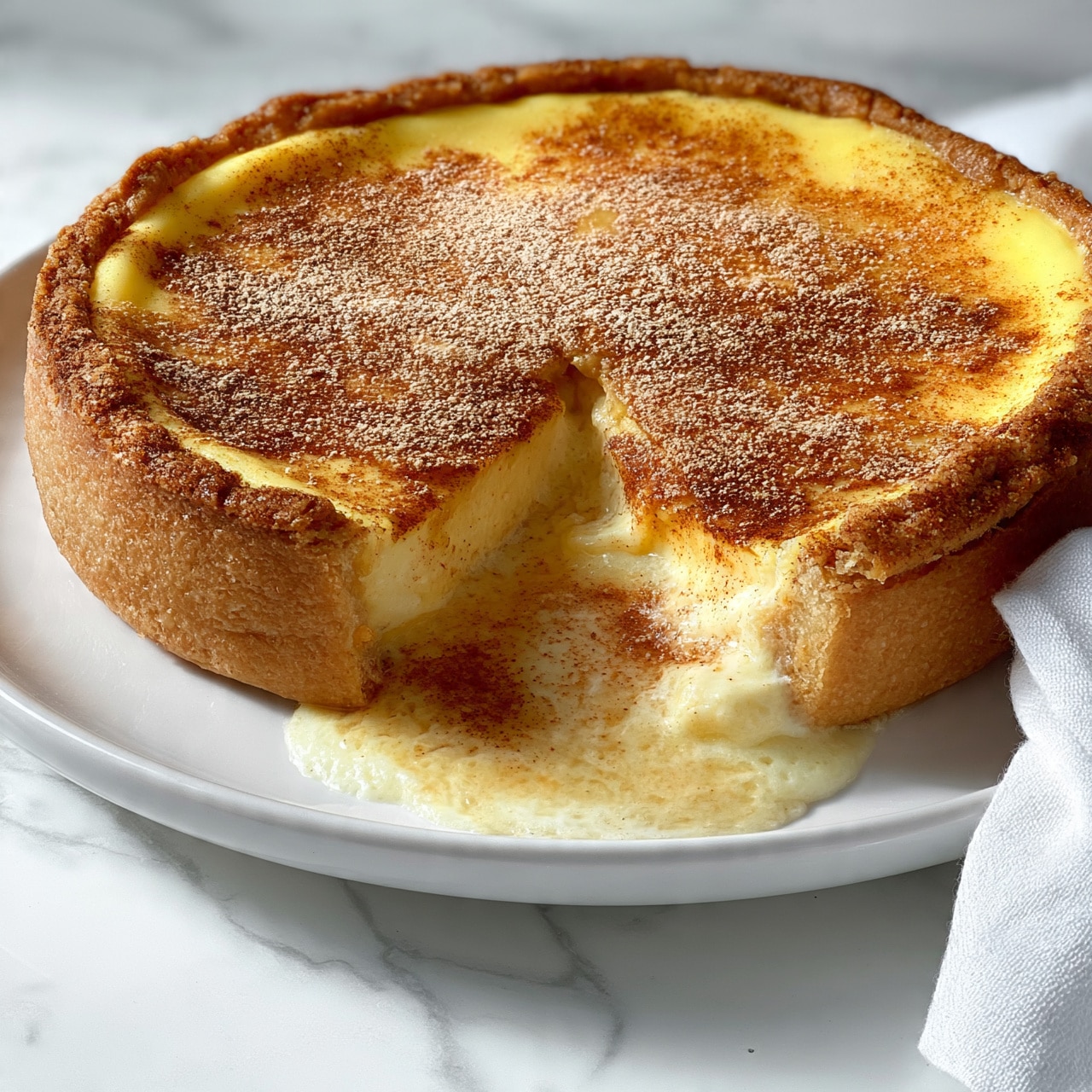 Golden Greek Honey Pie Recipe 5 square image A round pie on a white plate with a thick, golden-brown crust forming the base and sides. The top layer is smooth and yellow with a dusting of light brown powder, likely cinnamon, spread evenly. A slice is missing, showing a creamy, lighter yellow filling inside with a slightly melted texture, pooling on the plate where the slice was taken. The plate rests on a white marbled surface next to a white cloth napkin. Photo taken with an iphone --ar 4:5 --v 7