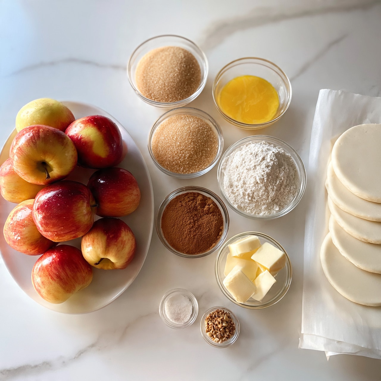 square image The image shows a clean arrangement of ingredients on a white marbled surface. On the left, a white plate holds seven shiny apples with red and yellow skin layers. To the right of the apples, there are several small clear glass bowls containing different ingredients: brown sugar (light brown granules), a yellow beaten egg mixture, white flour, cinnamon powder, butter cubes, and small amounts of other spices in tiny bowls, such as salt and ground nuts. On the right edge, there are smooth, round, white dough circles stacked on white parchment paper. The overall look is tidy and organized with soft natural light. photo taken with an iphone --ar 4:5 --v 7